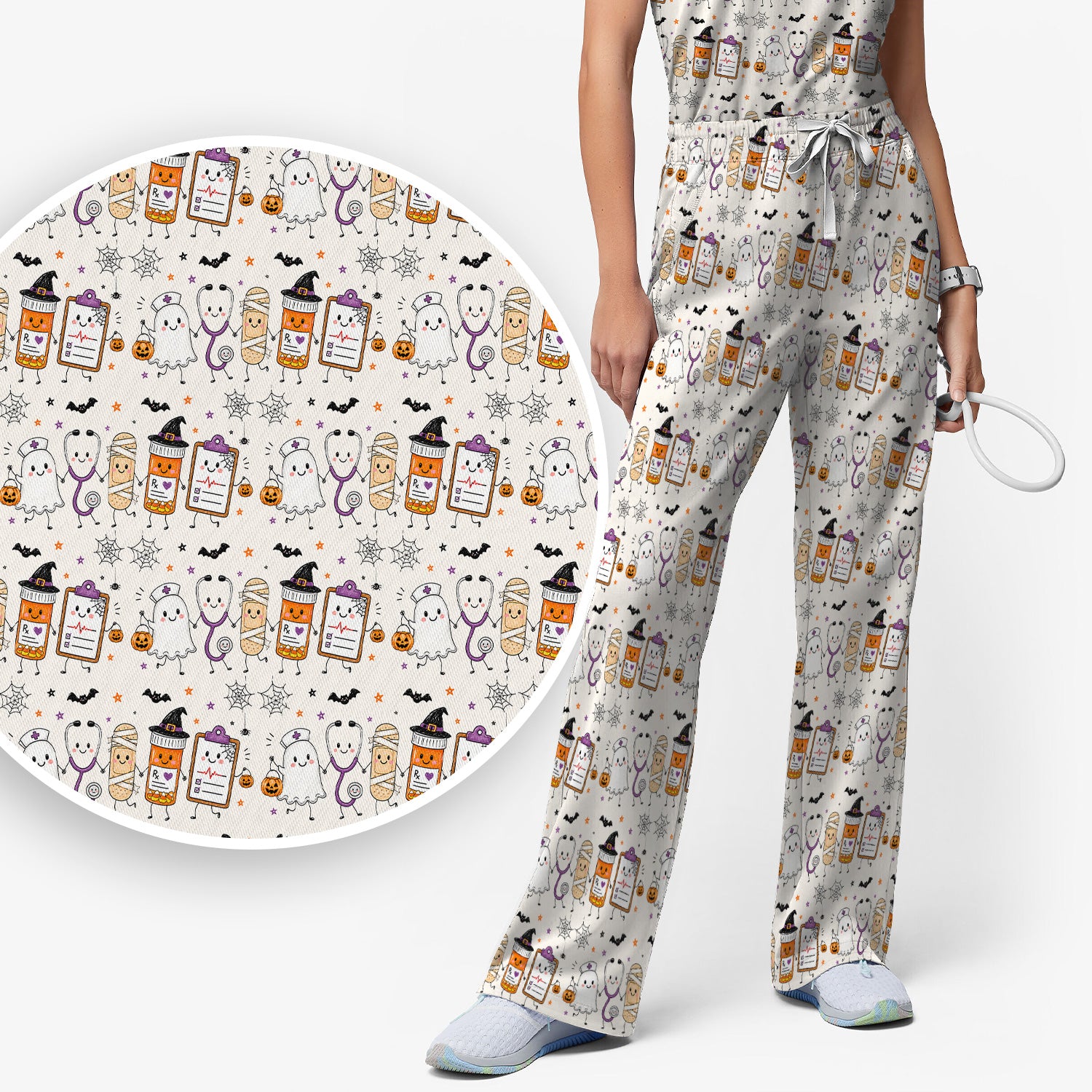 Halloween Medical Characters Print Scrub Set, Scrub Pants and V Neck Top