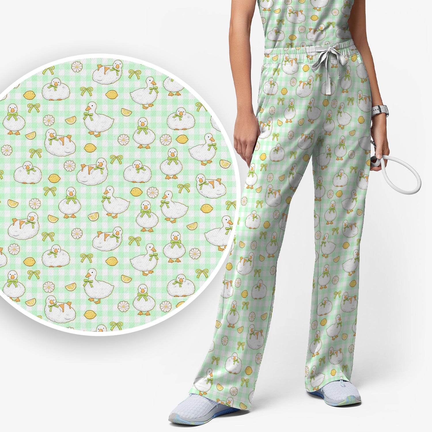 Adorable Ducks Lemon Daisy Pattern Scrubs Sets, Scrub Pants and V Neck Top