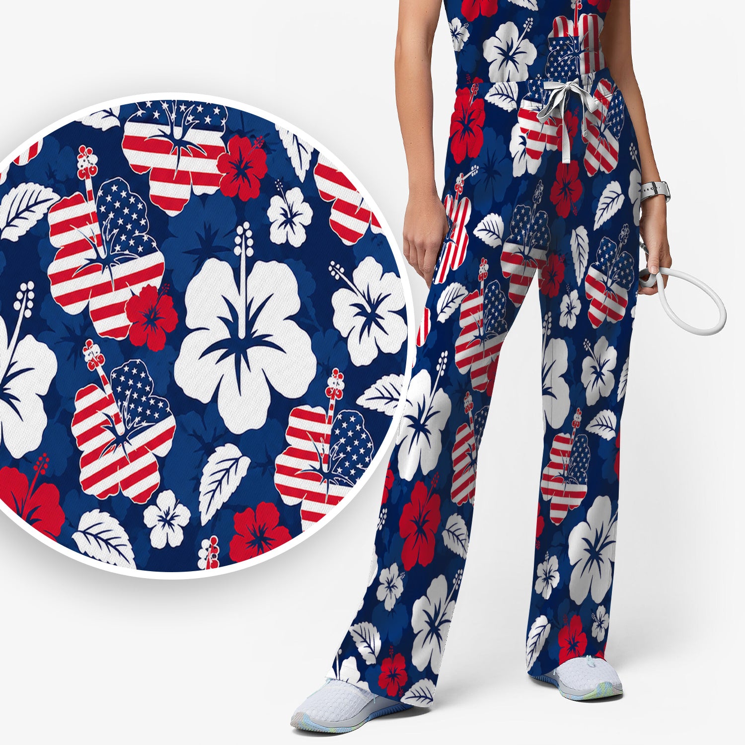 Patriotic Hibiscus Flag Floral Print Scrub Set, Scrub Pants and V Neck Top