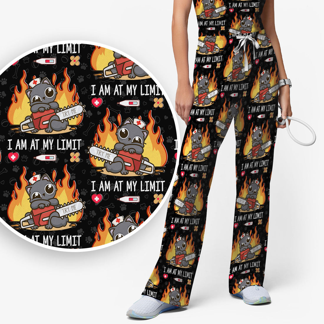Funny Nurse Cat I Am At My Limit Women's Scrub Set, Breathable Med Uniform