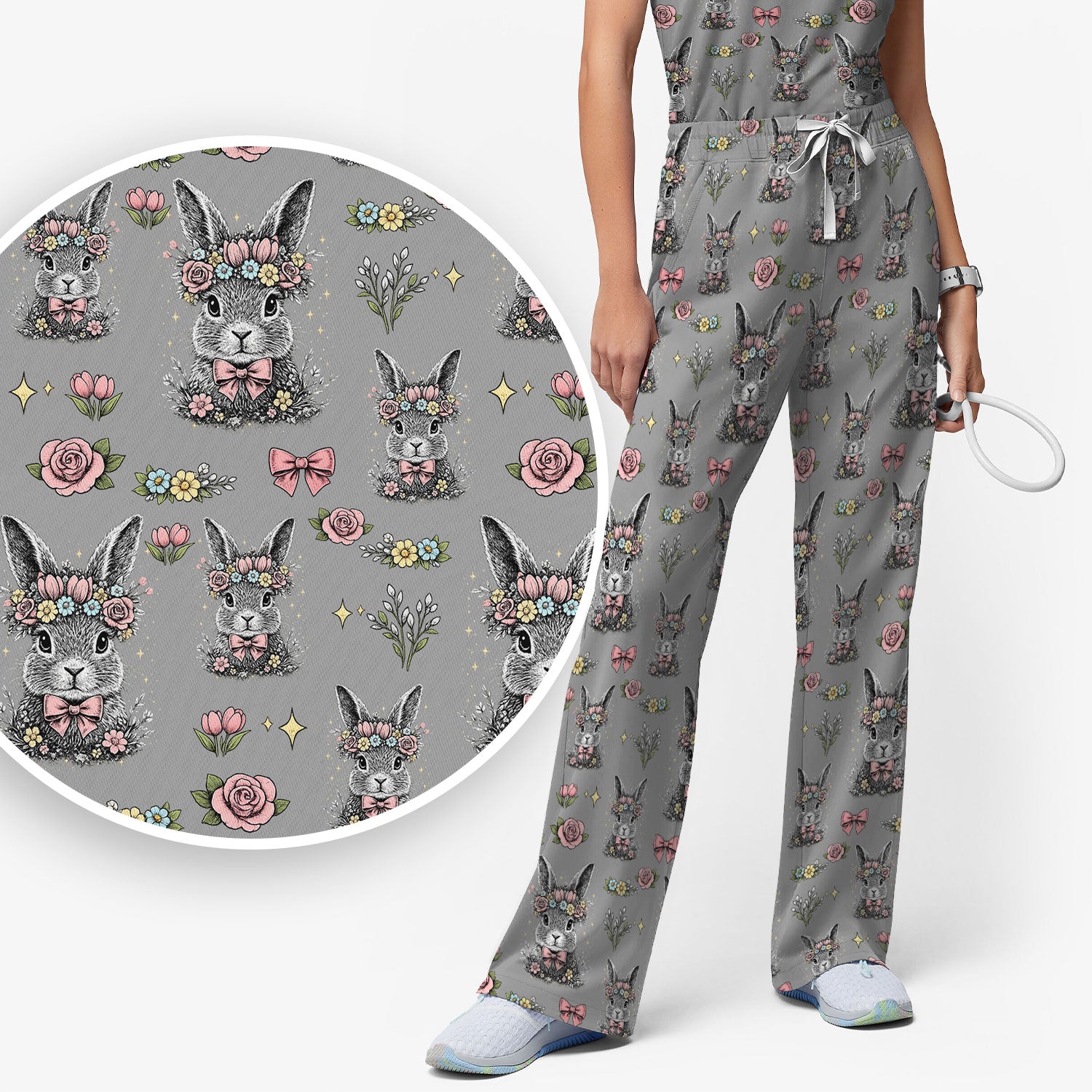 Vintage Floral Bunny Print Scrub Set, Scrub Pants and V Neck Top