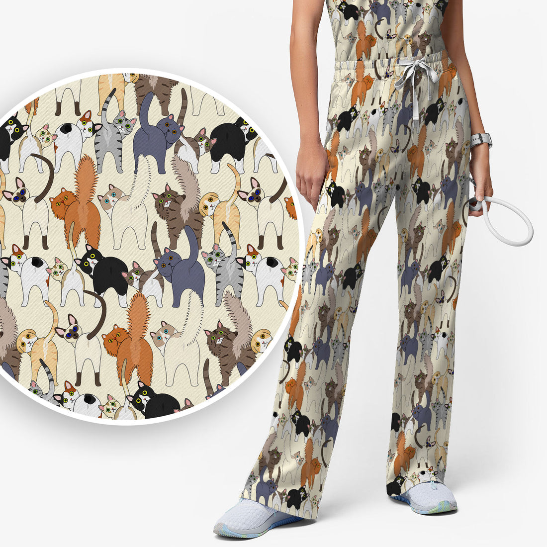 Whimsical Multicolor Cat Cartoon Pattern Scrub Set, Breathable Med Uniform