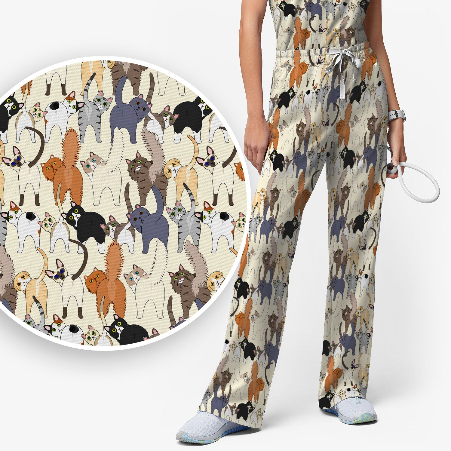 Whimsical Multicolor Cat Cartoon Pattern Scrub Set, Breathable Med Uniform