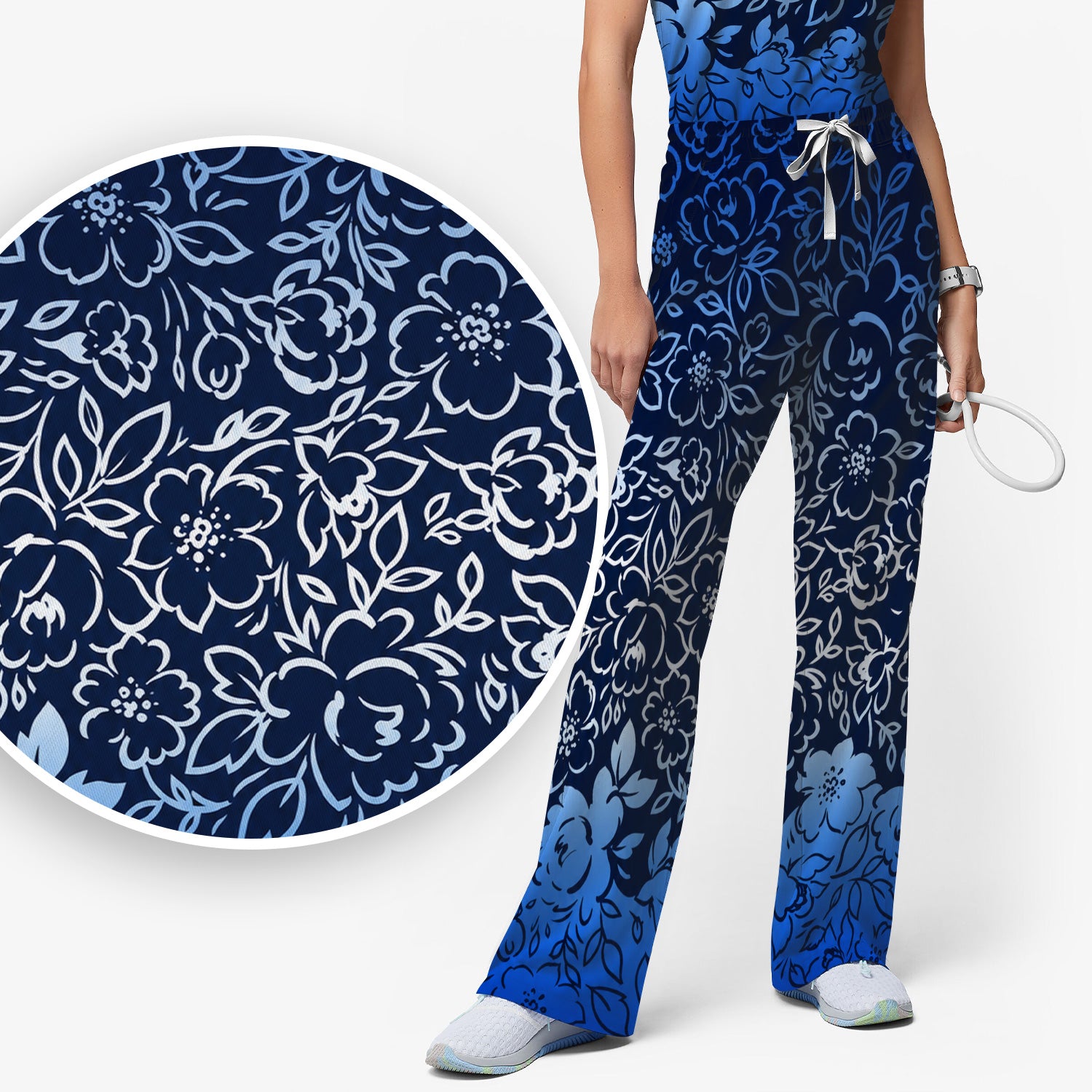 Navy Botanical Flower Print Scrub Set, Scrub Pants and V Neck Top