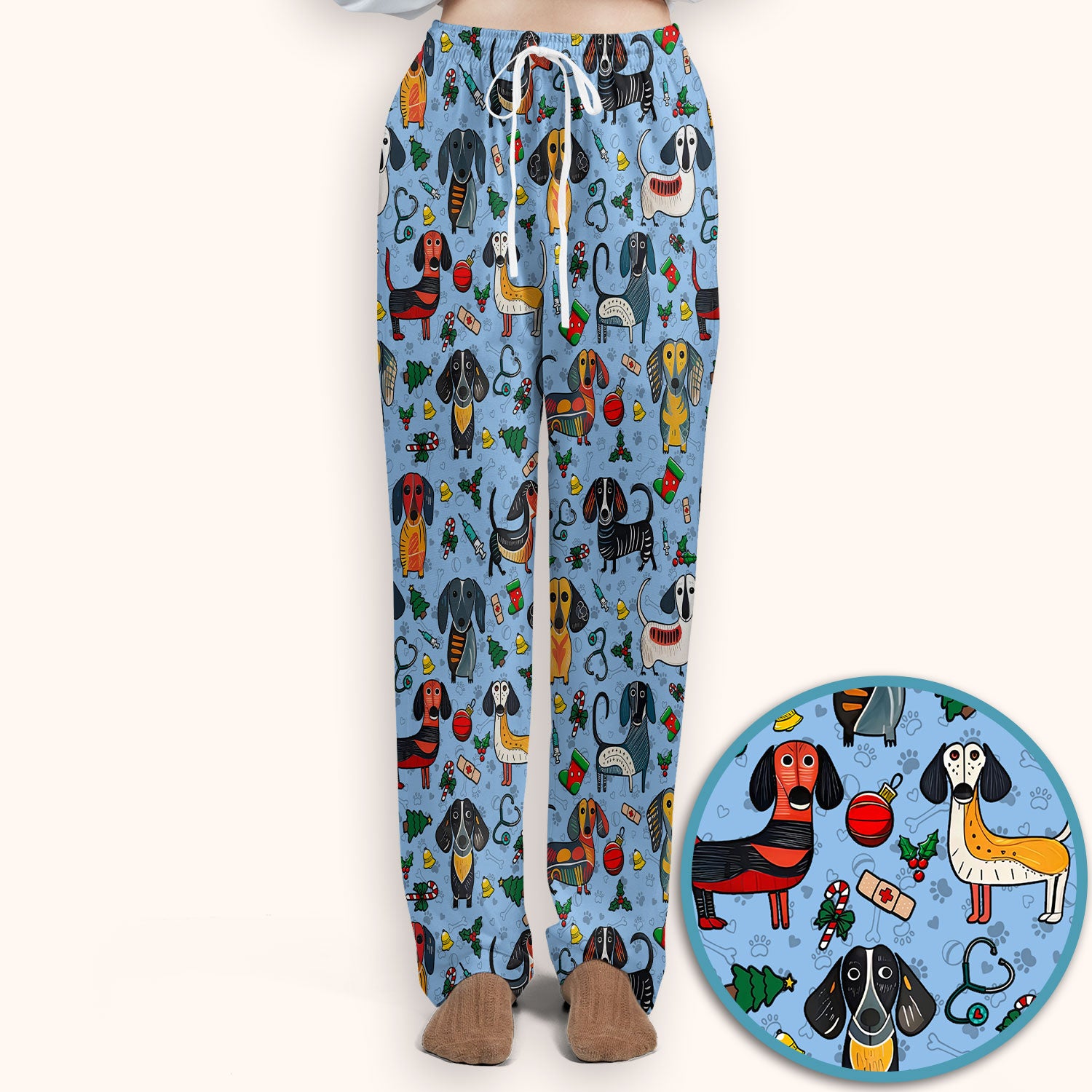 Christmas Wiener Dog Scrub Set - Funny Sausage Dog Pants and V Neck Top - Holiday Medical Uniform