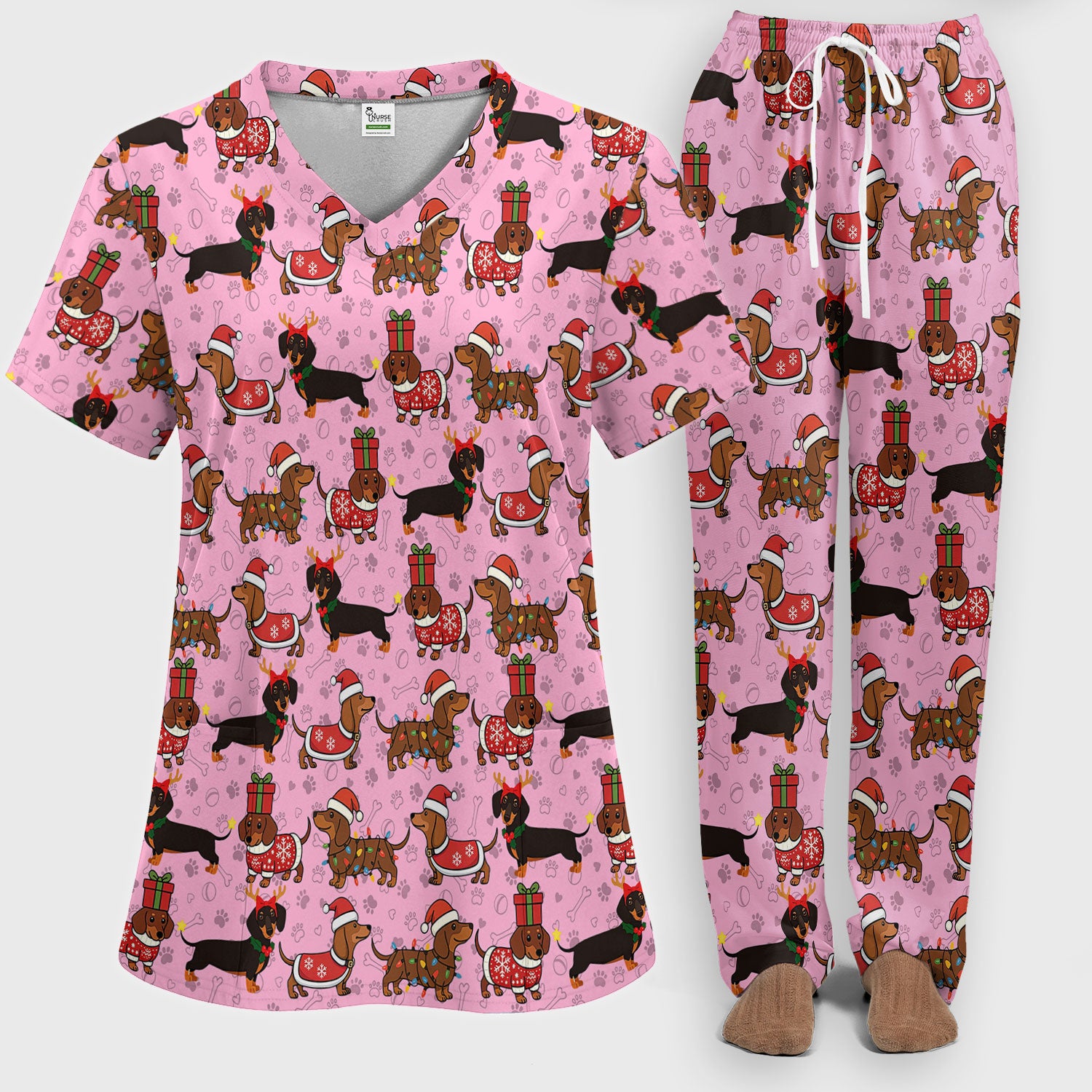 Funny Wiener Dog Scrub Set for Women - Santa's Favourite Nurse Gift - Funny Medical Uniform for RN CNA LPN
