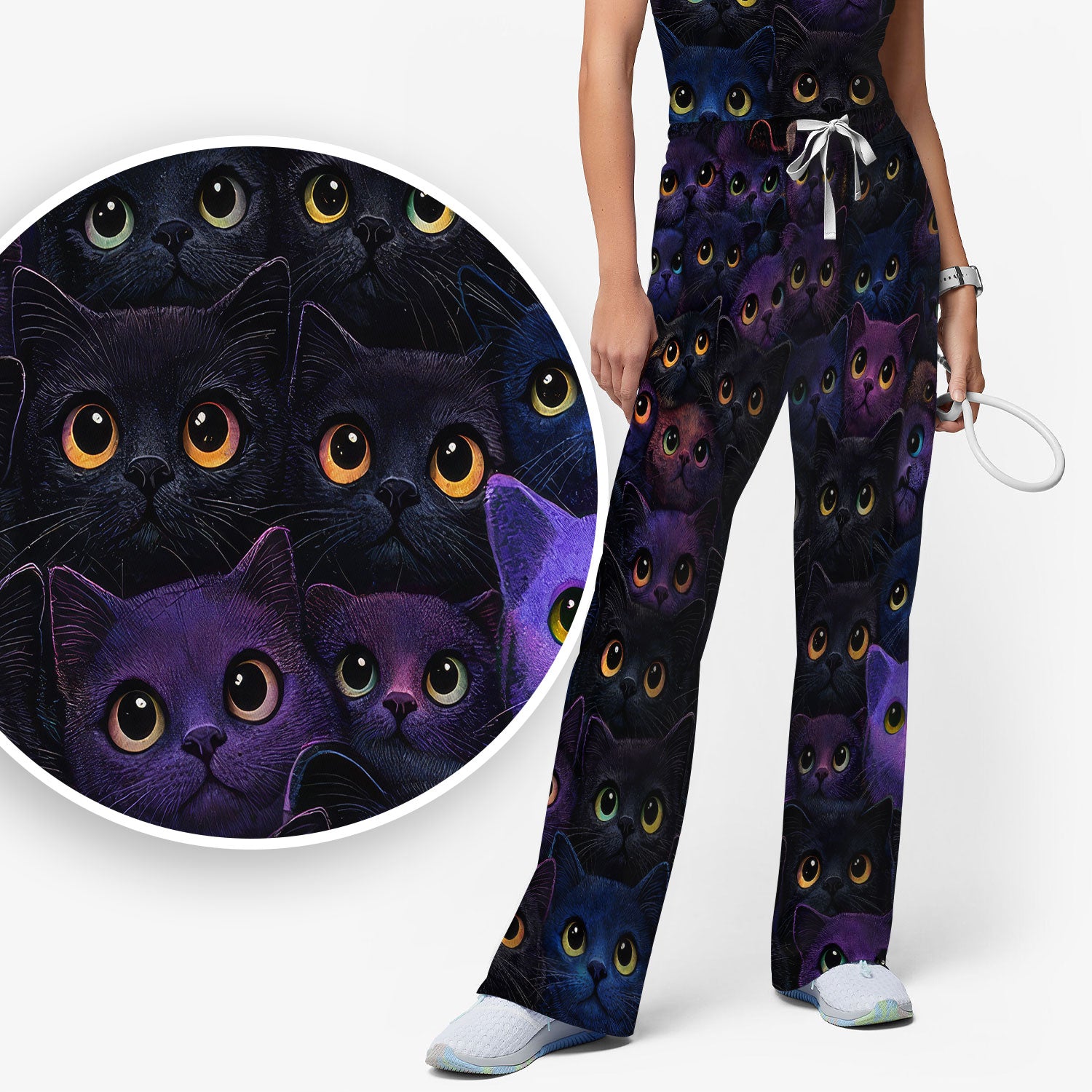 Cute Colorful Cat Eyes Pattern Scrub Set for Nurses, Scrub Pants and V Neck Top, Breathable Med Uniform