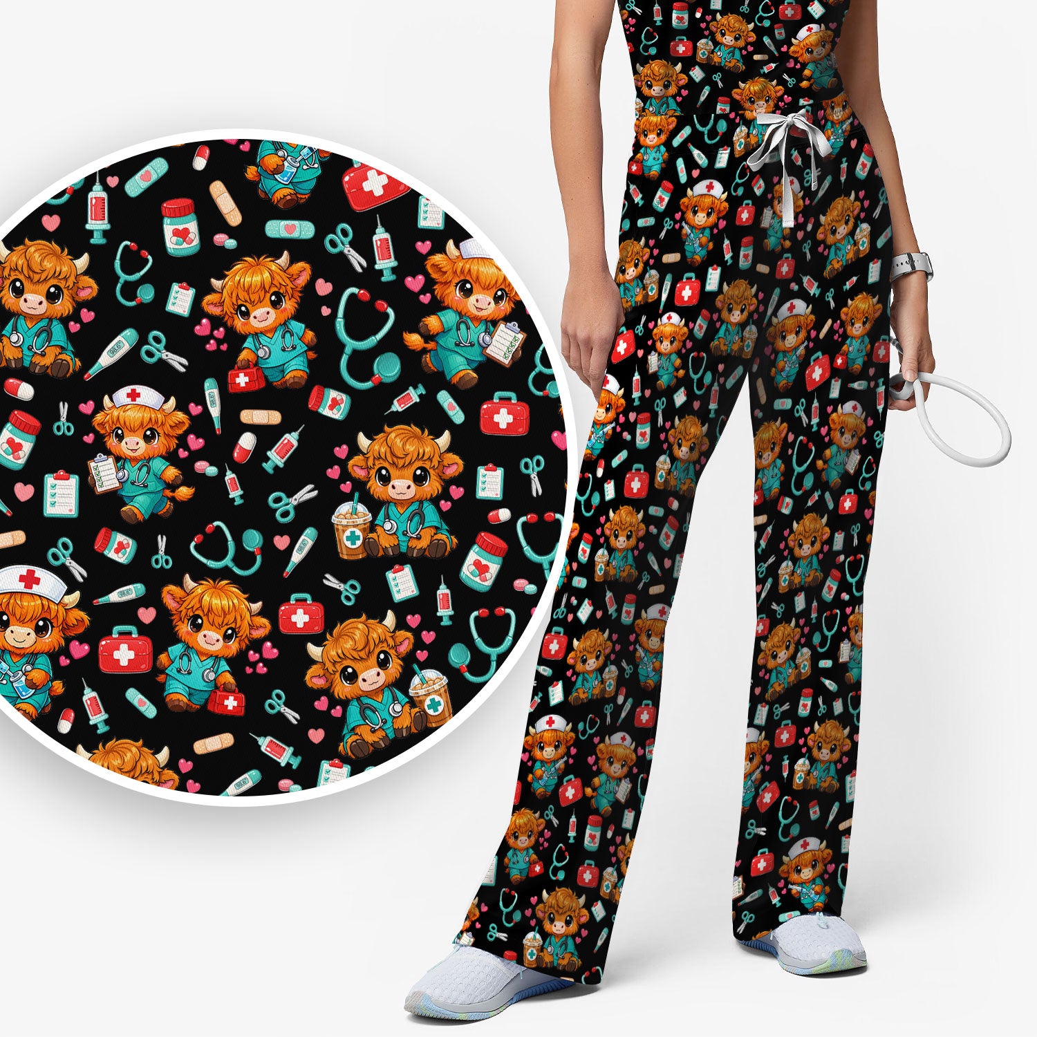 Cute Highland Cow Nurse Scrub Set, Kawaii Medical Pattern Shirt, Breathable Fabrics Nursing Uniform