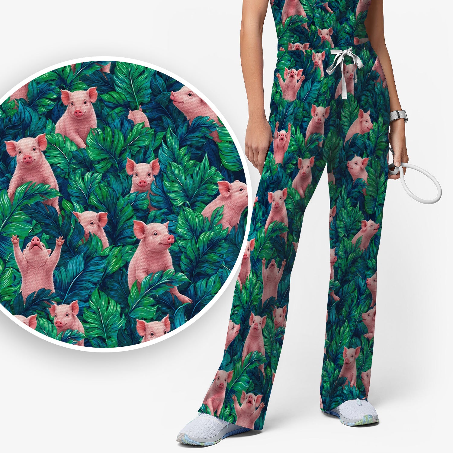 Cute Piglet Jungle Leaves Pattern Scrub Set, Scrub Pants and V Neck Top