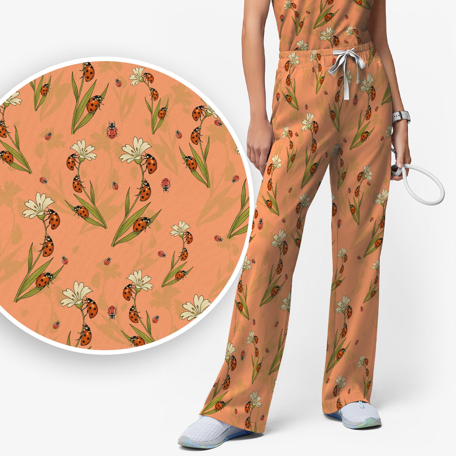 Fresh Daisy Ladybug Garden Pattern Scrub Set, Nurse Uniform Scrubs Set