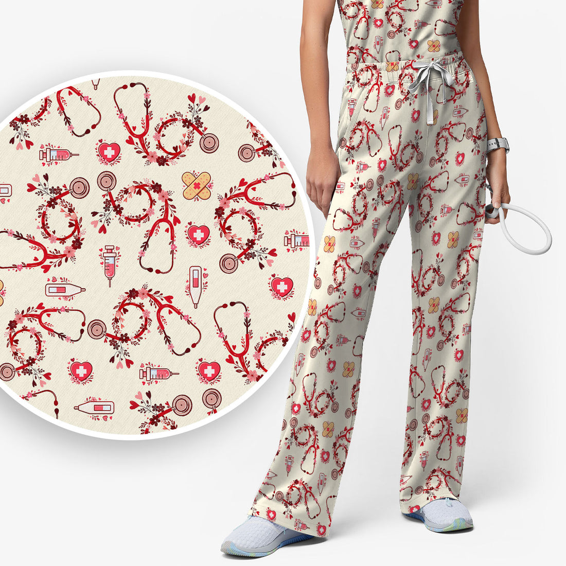 Heart Stethoscope Medical Pattern Scrub Set, Breathable Med Uniform