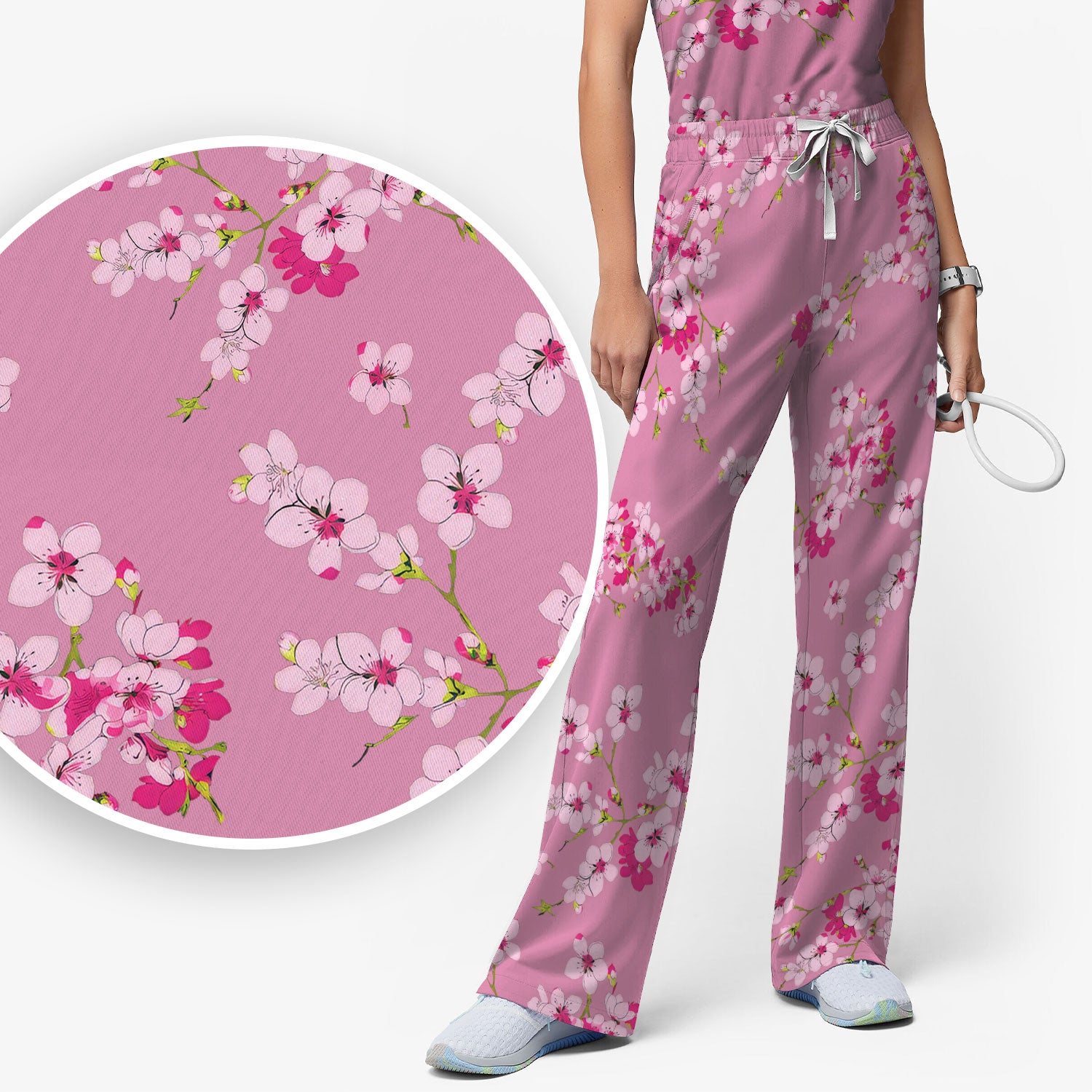 Elegant Cherry Blossom Floral Pattern Scrub Set , Breathable Med Uniform