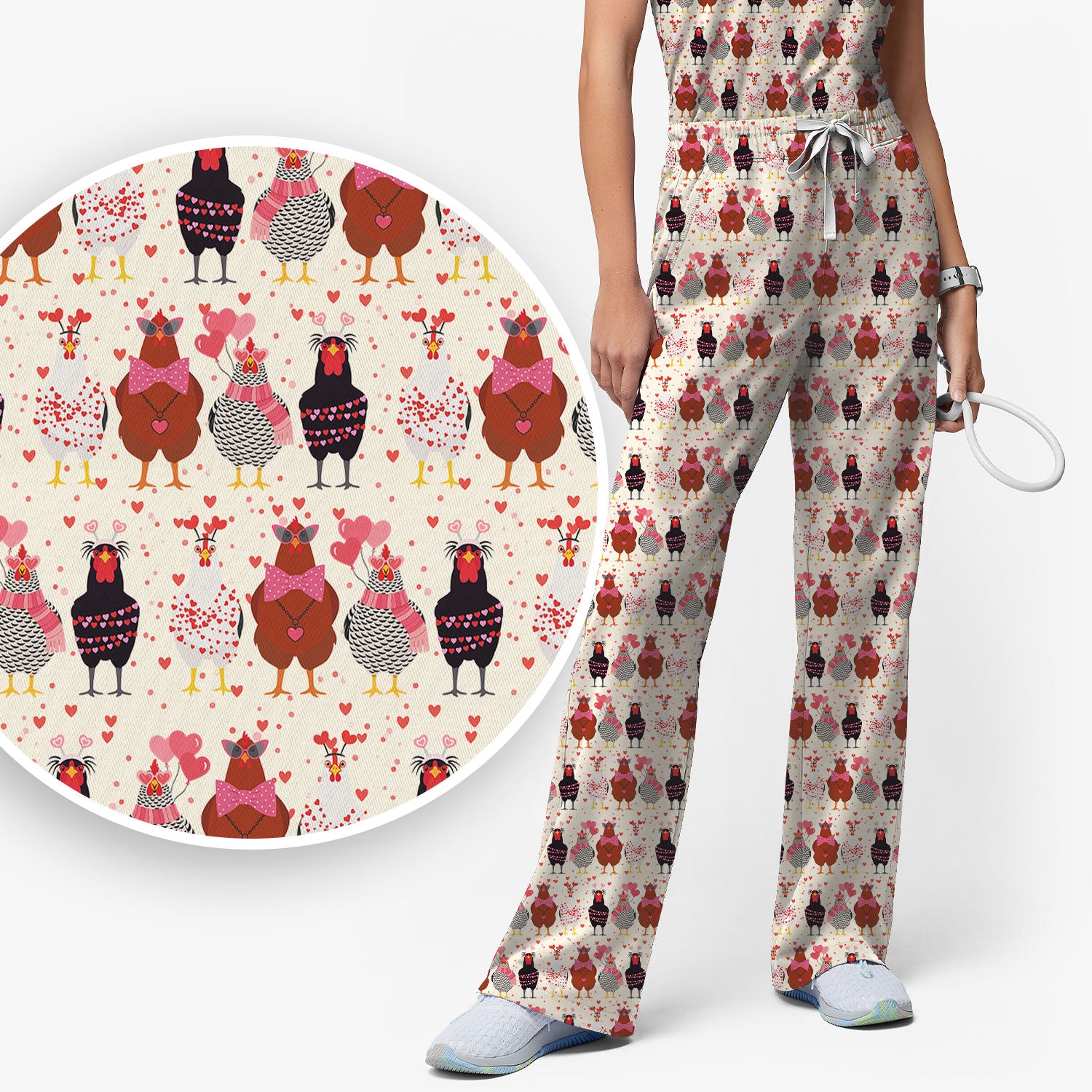 Funny Chicken Valentine Scrub Set, Chicken Pattern Scrub Shirt For Nursing, Valentine Gift For Nurse