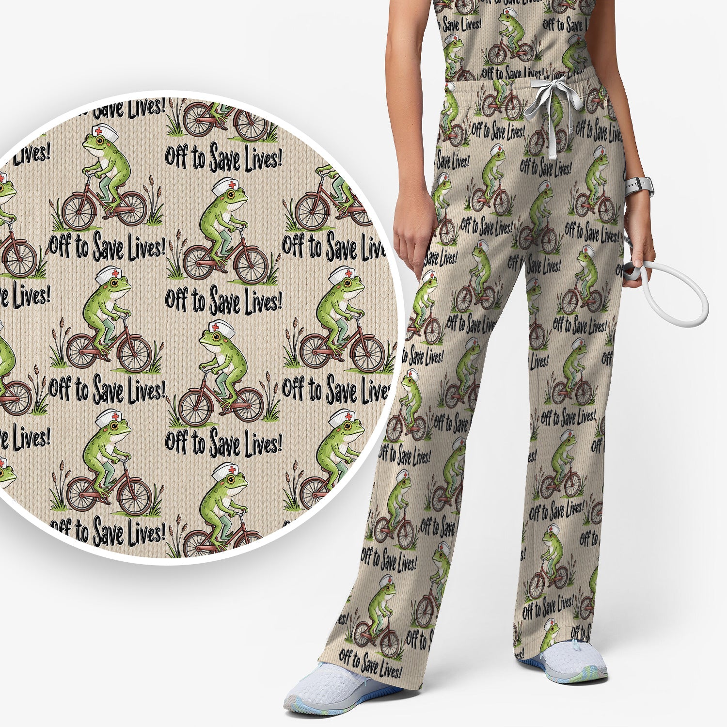 Nurse Frog Riding Bicycle Pattern Scrub Top, Breathable Fabrics Nursing Uniform Scrub Set, Scrub Pants and V Neck Top