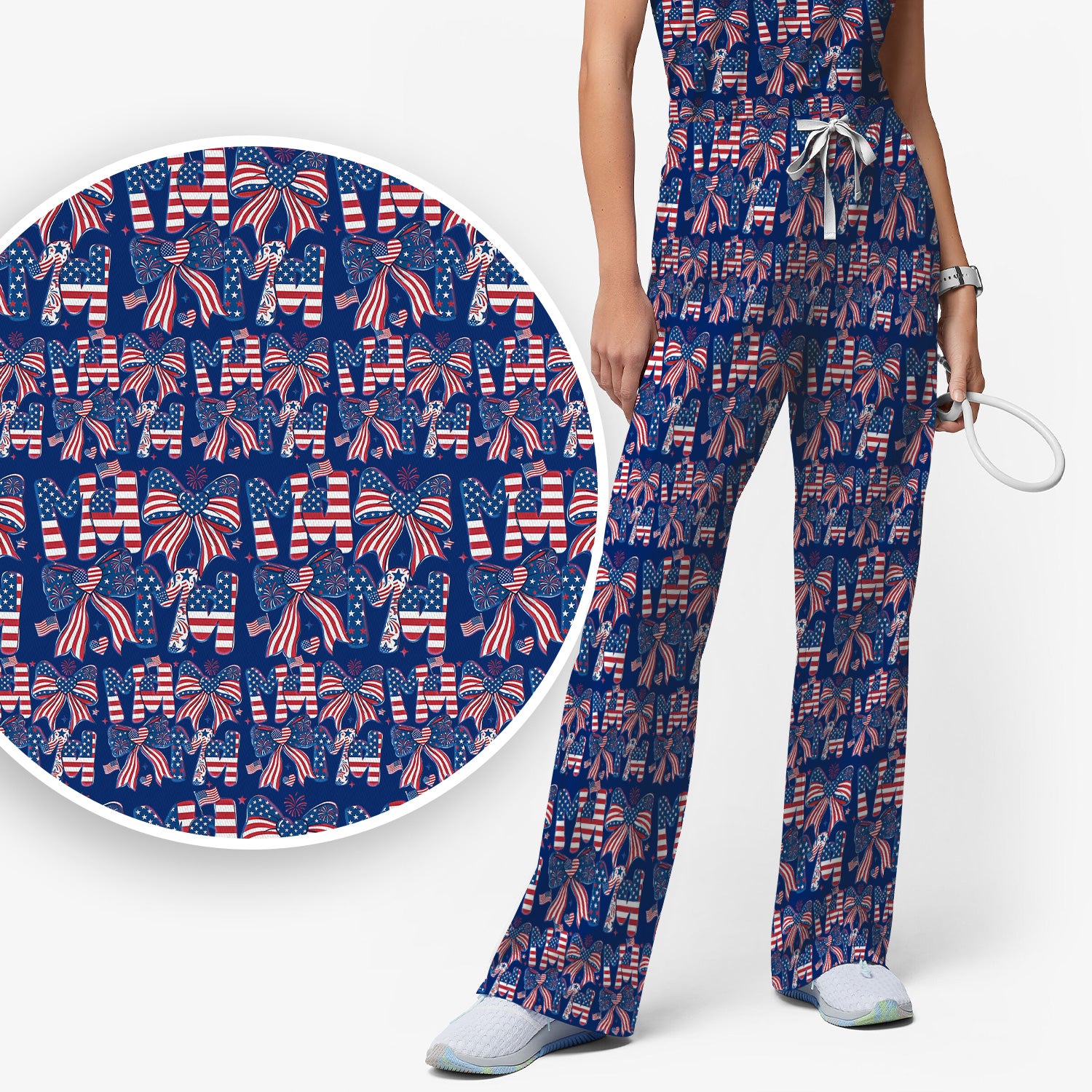 American Flag MaMa Bow Pattern Scrub Set, Breathable Med Uniform