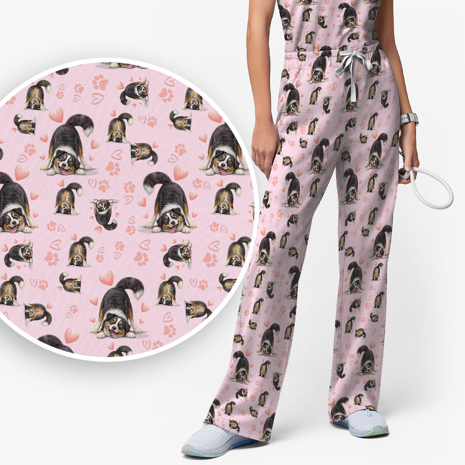 Playful Dog Heart Medical Print Scrub Set, Breathable Med Uniform