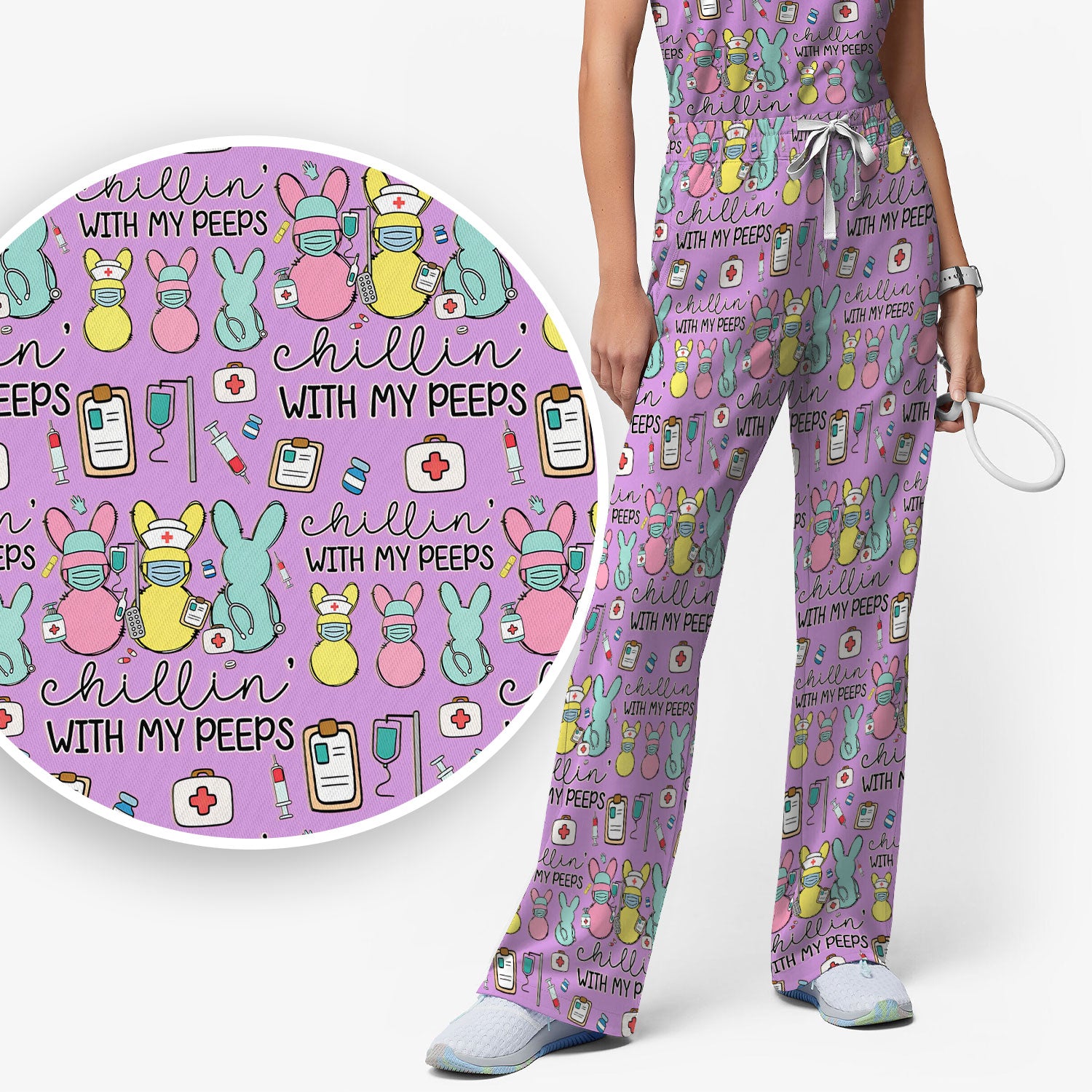 Cute Bunny Nurse Chillin With My Peeps Scrub, Women's Scrub Sets