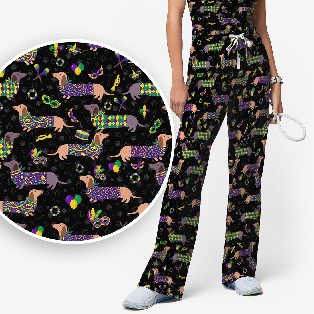 Mardi Gras Dachshund Nurse Scrub Set, Wiener Dog Holiday Pattern Nurses Shirt, Comfortable Uniform Scrubs For Nursing
