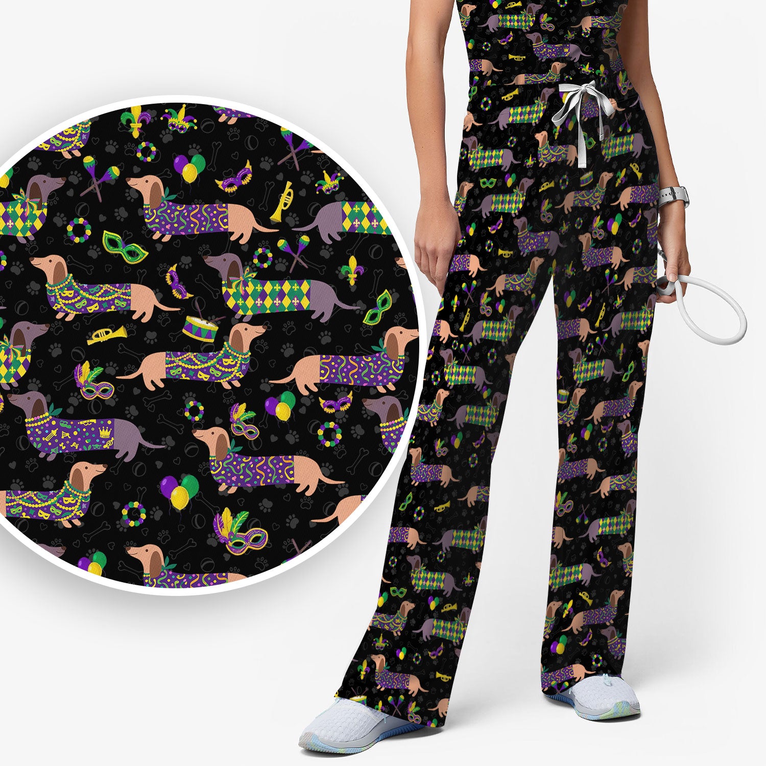 Mardi Gras Dachshund Nurse Scrub Set, Wiener Dog Holiday Pattern Nurses Shirt, Comfortable Uniform Scrubs For Nursing