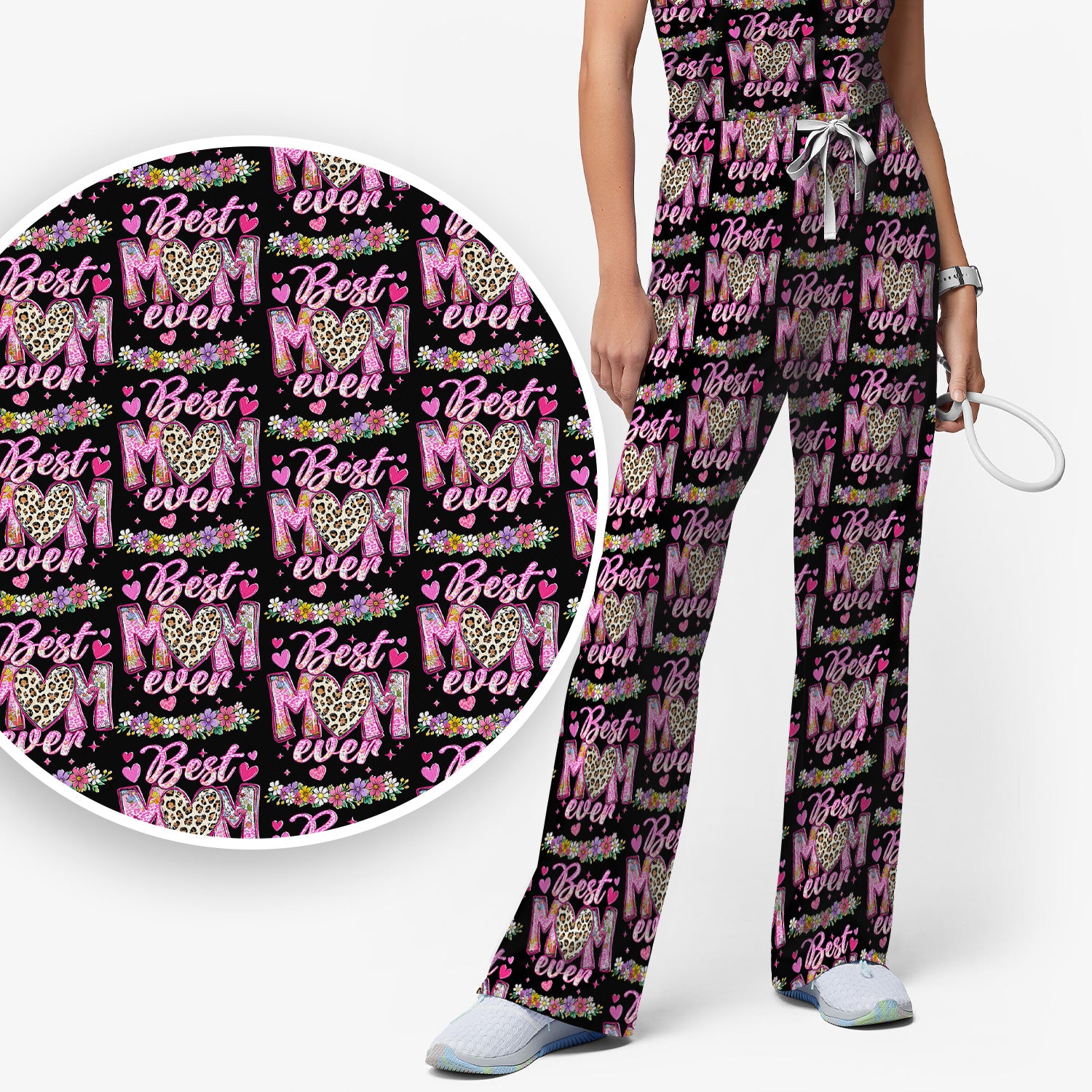 Best Mom Ever Leopard Heart Floral Pattern Scrub Set, Nurse Uniform Scrubs Set
