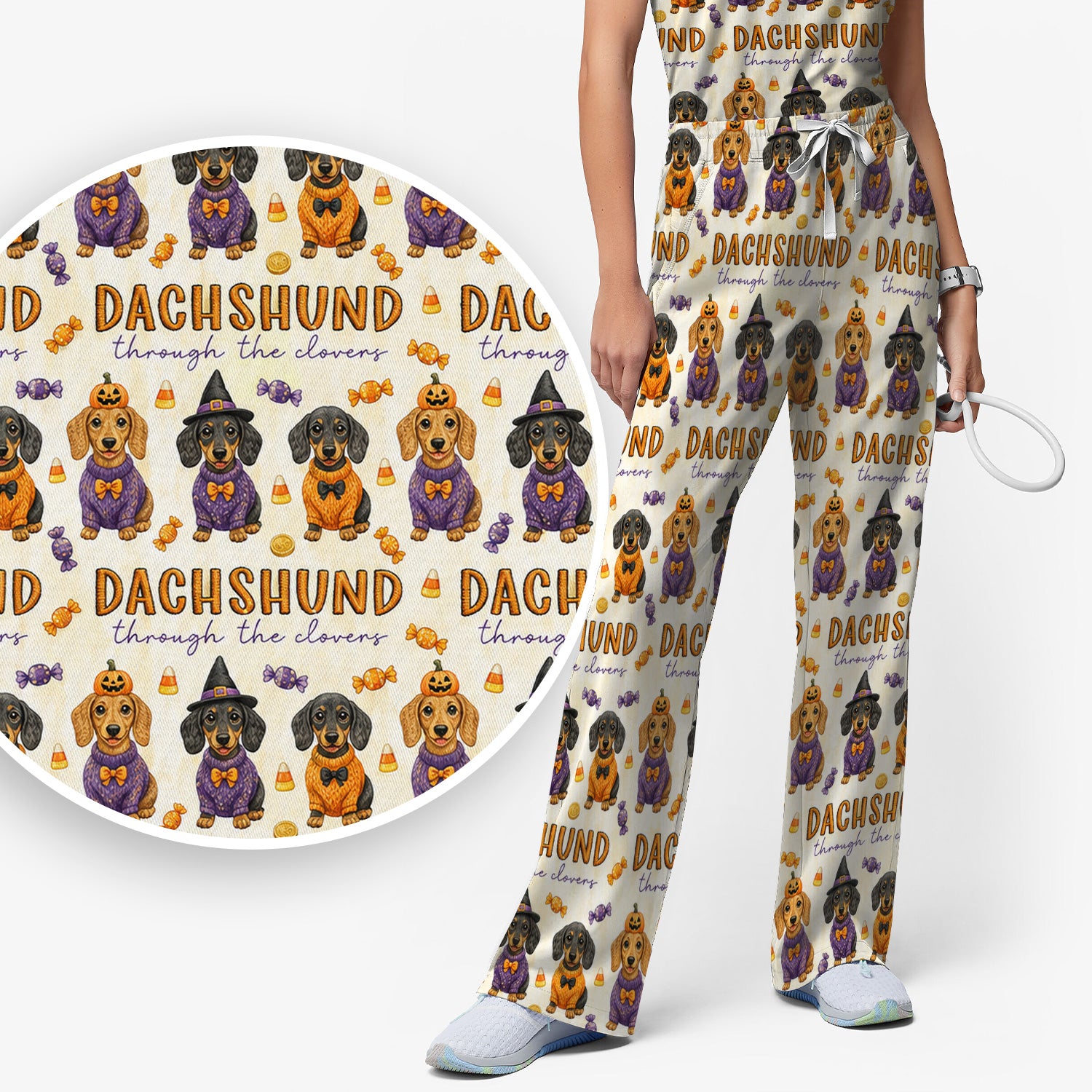 Candy Dachshund Pattern Scrub Set, Scrub Pants and V Neck Top