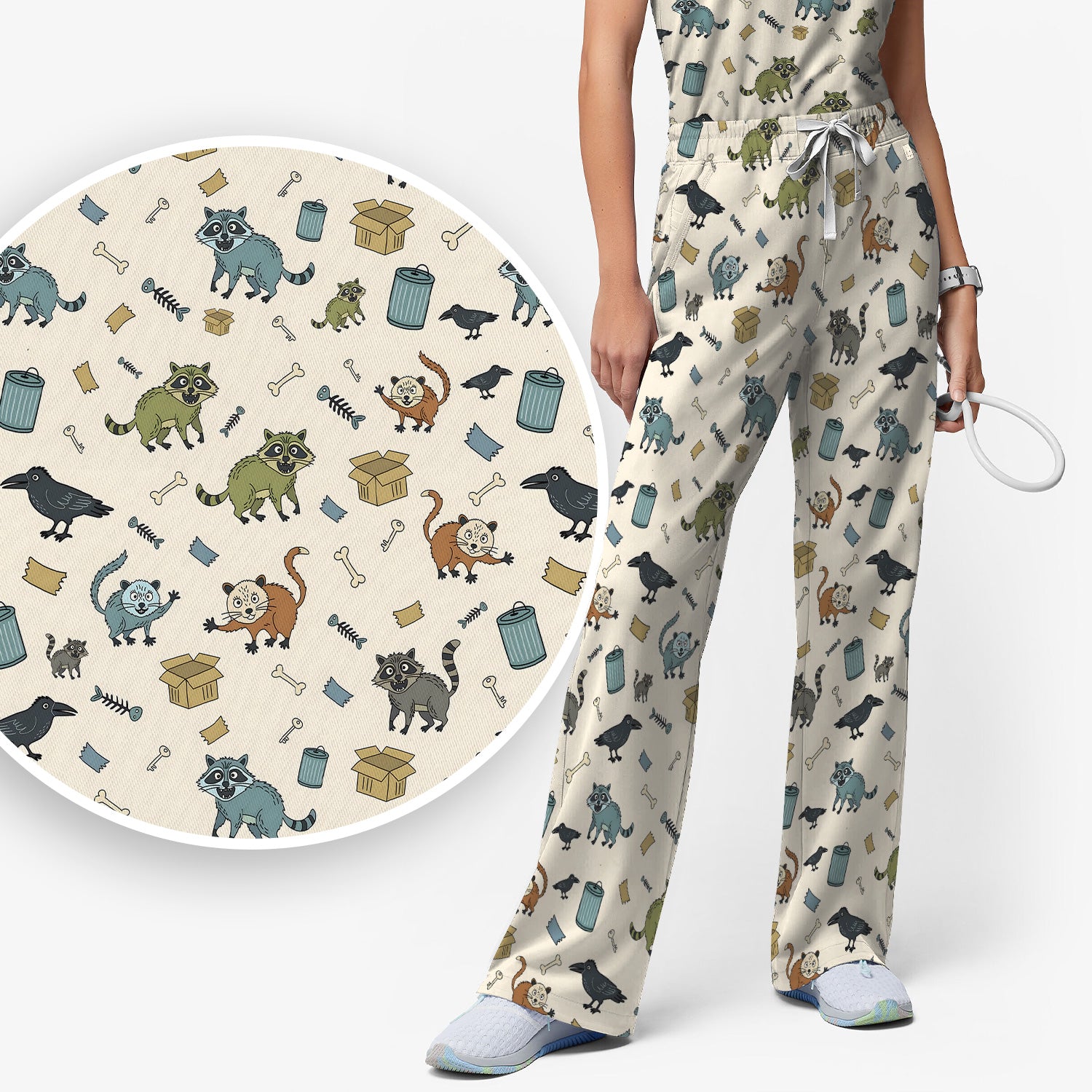 Funny Trash Raccoon Pattern Scrub Set, Scrub Pants and V Neck Top