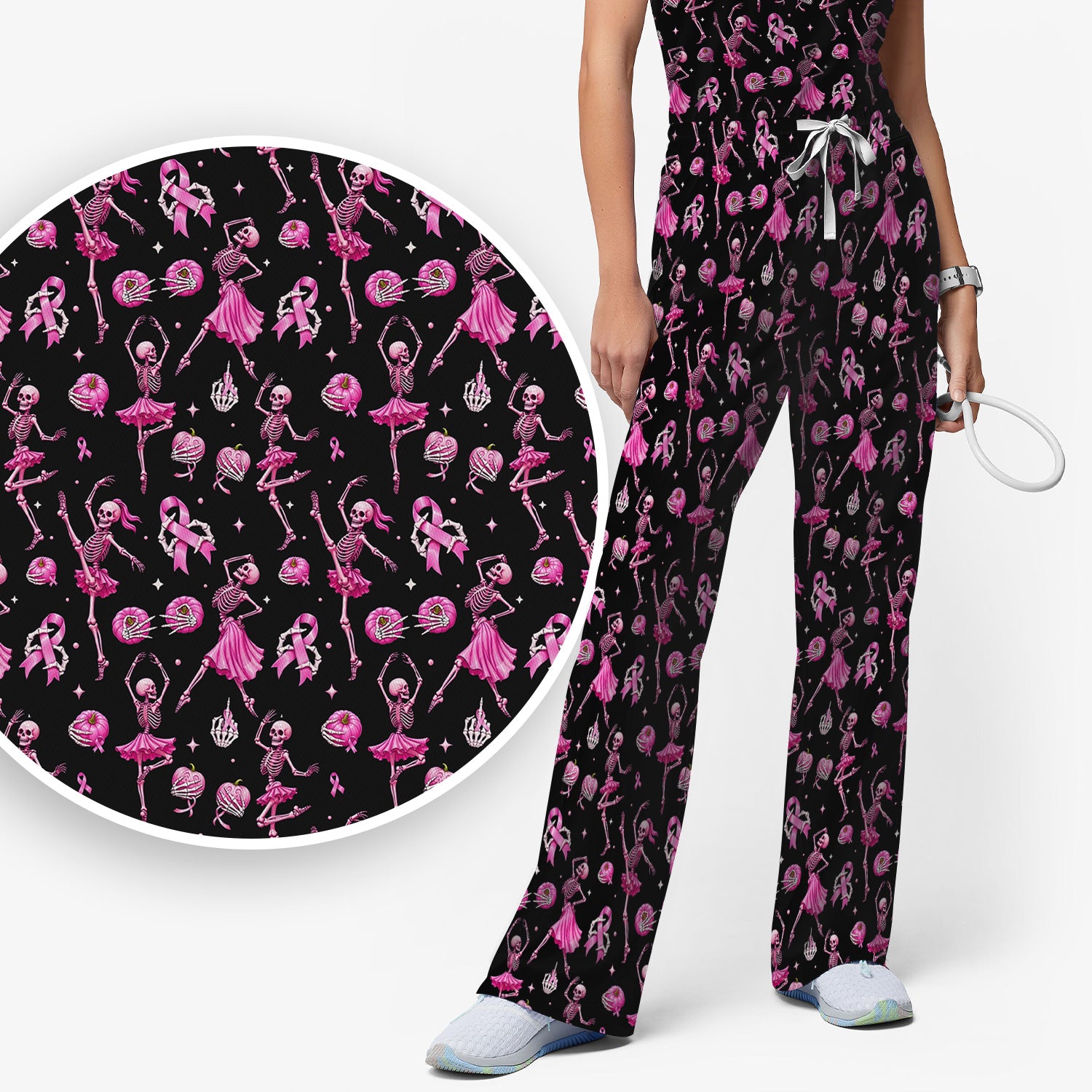 Pink Ribbon Skeleton Ballerina Print Scrub Set, Scrub Pants and V Neck Top