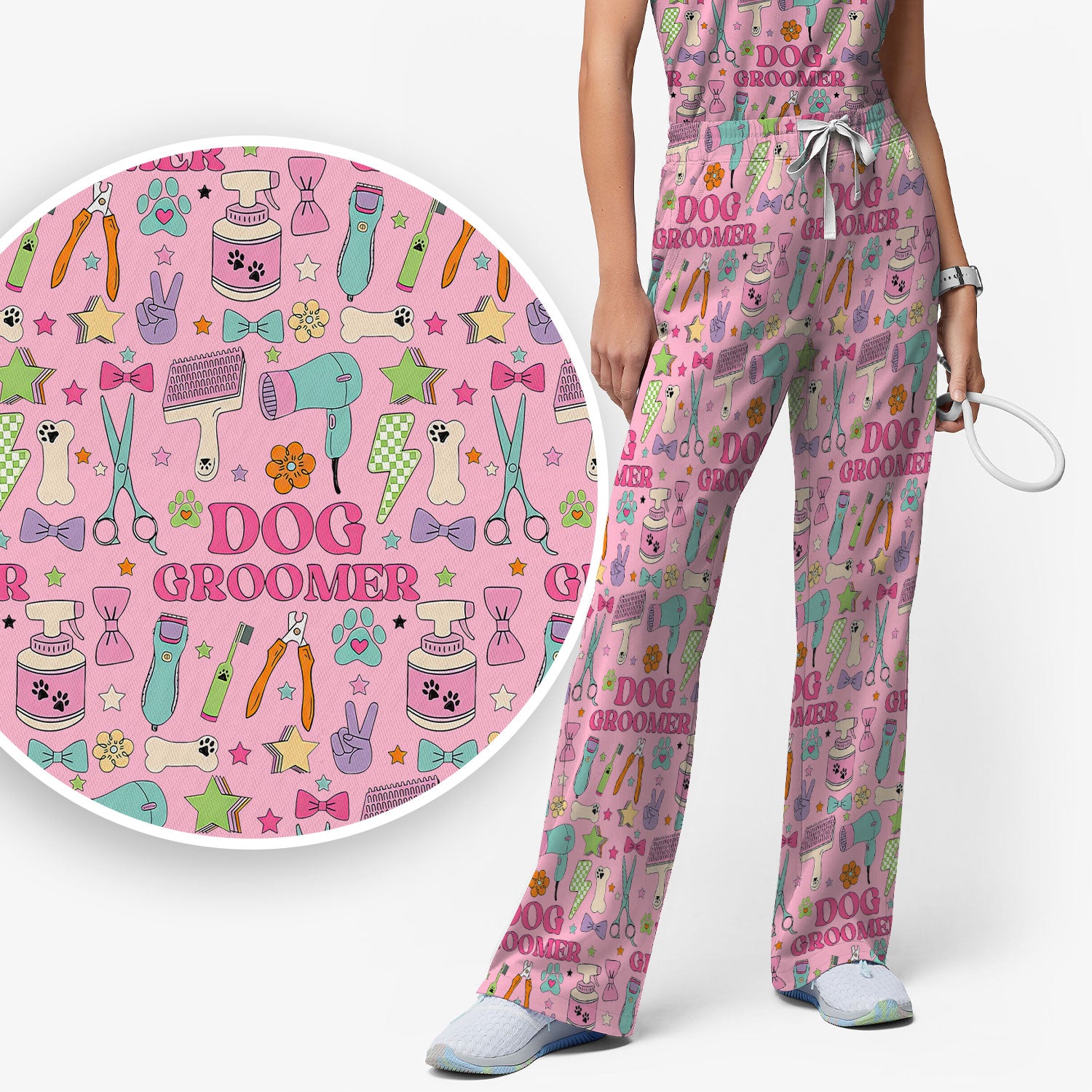 Dog Groomer Tools Pattern Women's Scrub Set, Scrub Pants and V Neck Top
