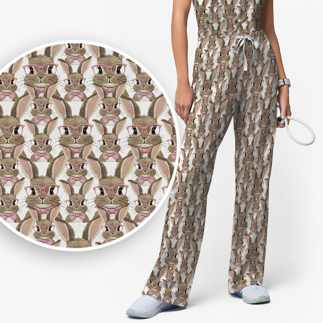 Cute Bunny With Glasses Pattern Scrub Set, Scrub Pants and V Neck Top