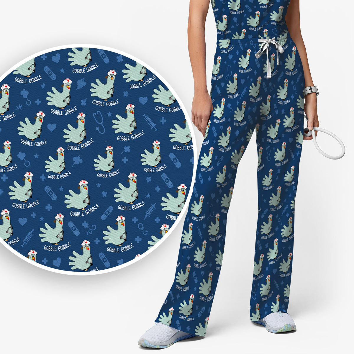 Funny Gobble Gobble Nurse Turkey Scrub Set, Scrub Pants and V Neck Top