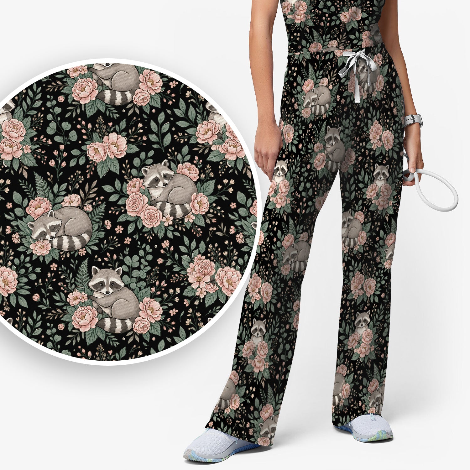 Sleeping Raccoon Rose Garden Pattern Scrub Set, Scrub Pants and V Neck Top