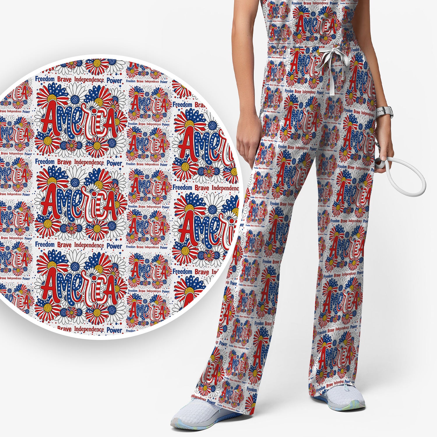 Patriotic America Floral Fireworks Pattern Scrub Set, Scrub Pants and V Neck Top