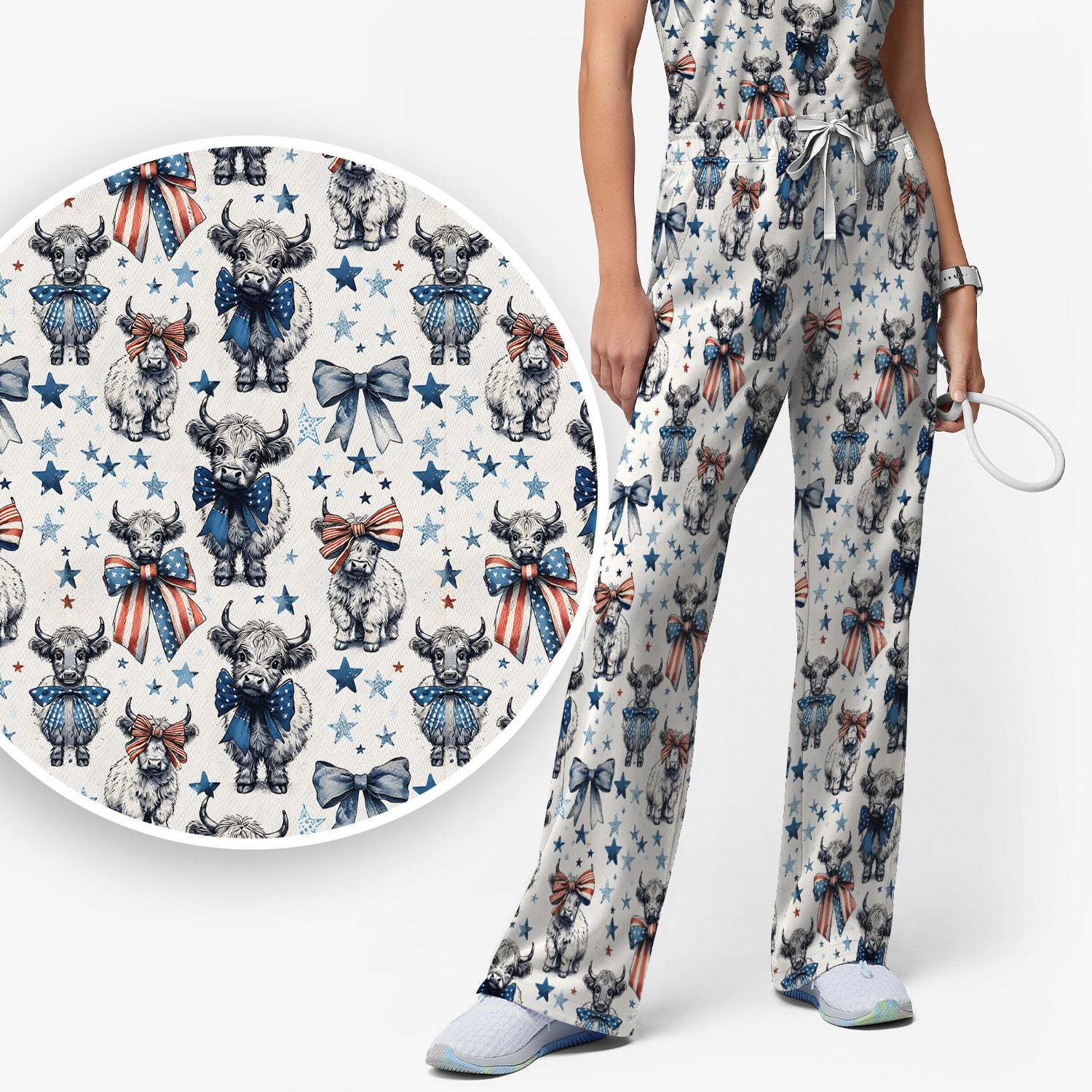 Patriotic Highland Cow Stars Pattern Scrub Set, Scrub Pants and V Neck Top
