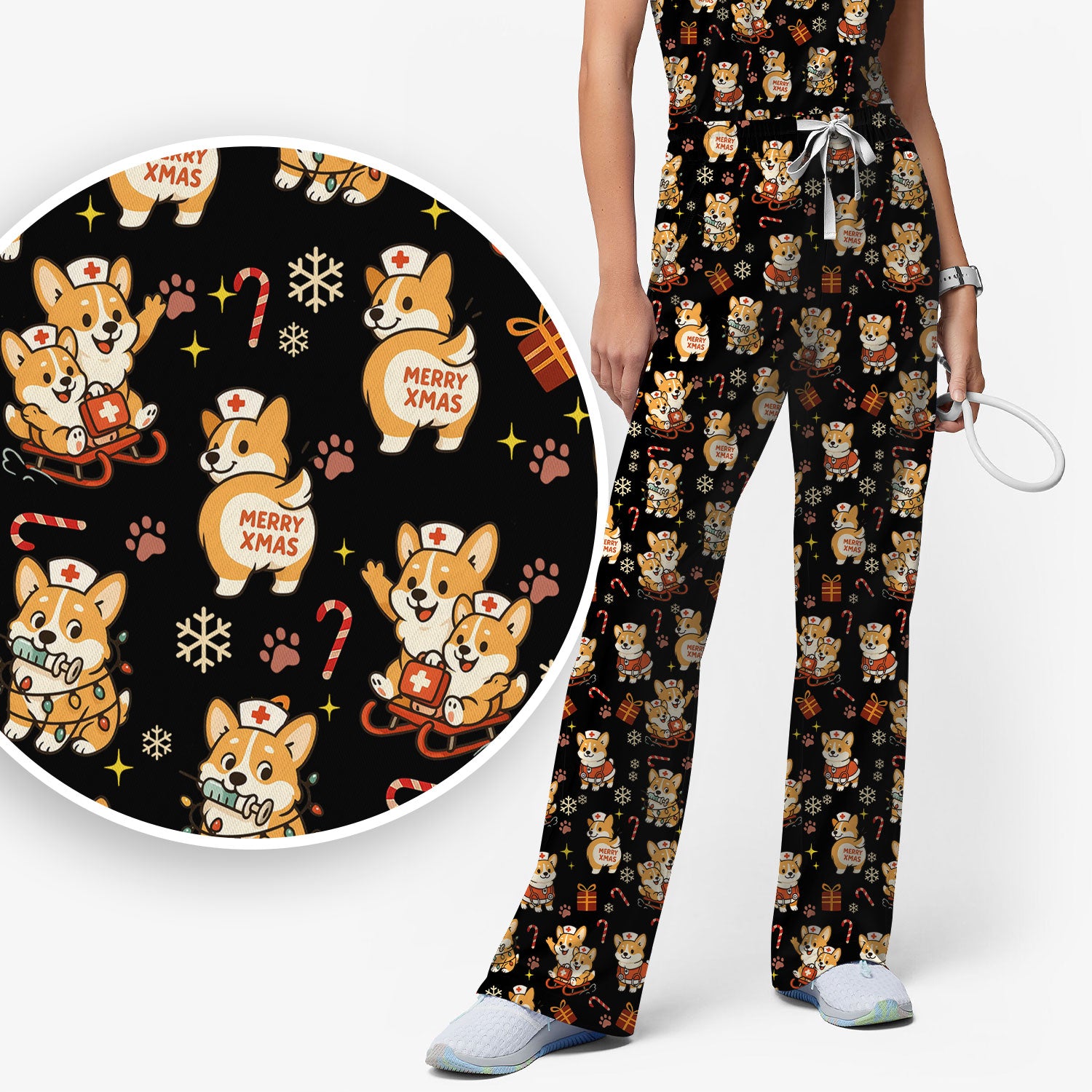 Christmas Corgi Scrubs Set for Women - Fun Corgi Christmas Pattern Nurse Scrubs Top and Pants - Festive Holiday Scrubs for CNA LPN RN