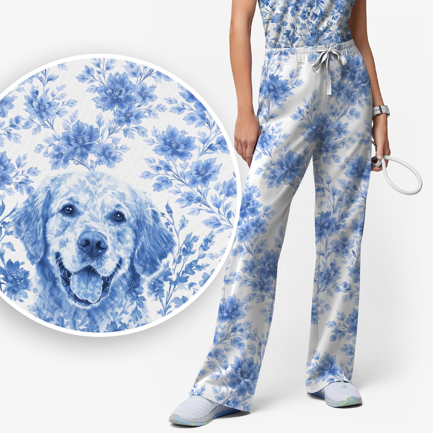 Personalized Pet Photo Floral Scrub Set, Scrub Pants and V Neck Top
