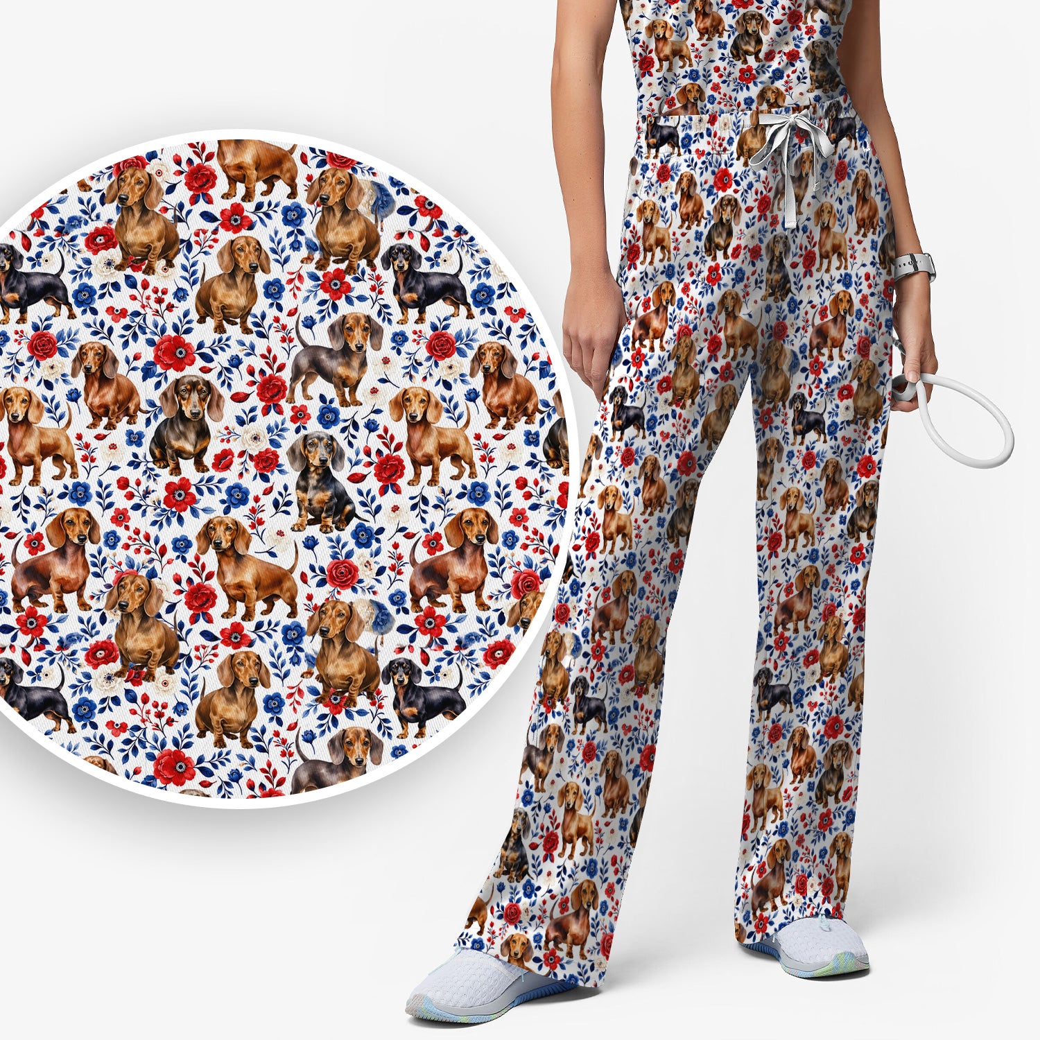 Floral Dachshund Nurse Pattern Scrub Set, Scrub Pants and V Neck Top