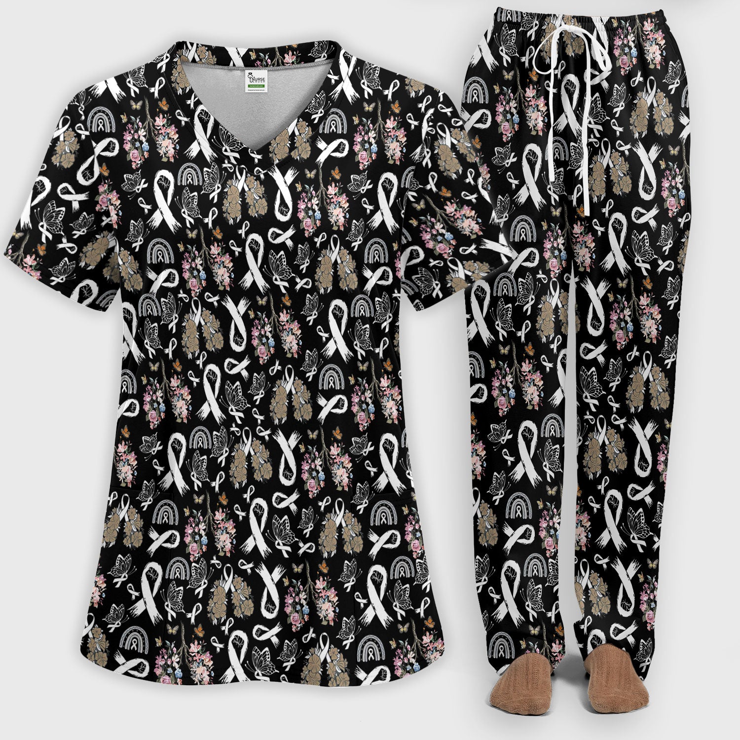Lung Cancer Awareness Scrub Sets for Nurse - White Ribbon Butterfly Floral Scrub Pants and V Neck Top - Breathable Med Uniform for Women