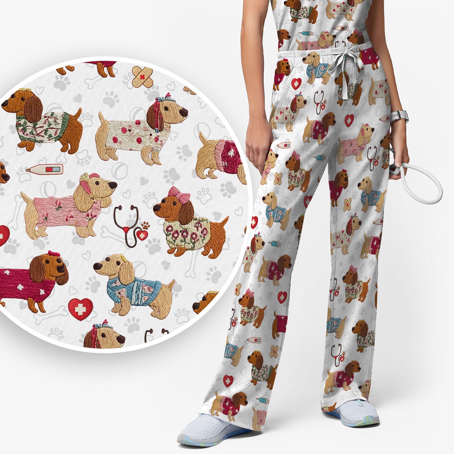 Cute Medical Wiener Dog Pattern Nurse Shirt, Dachshund Nursing Scrub Set, Breathable Fabrics Nursing Uniform
