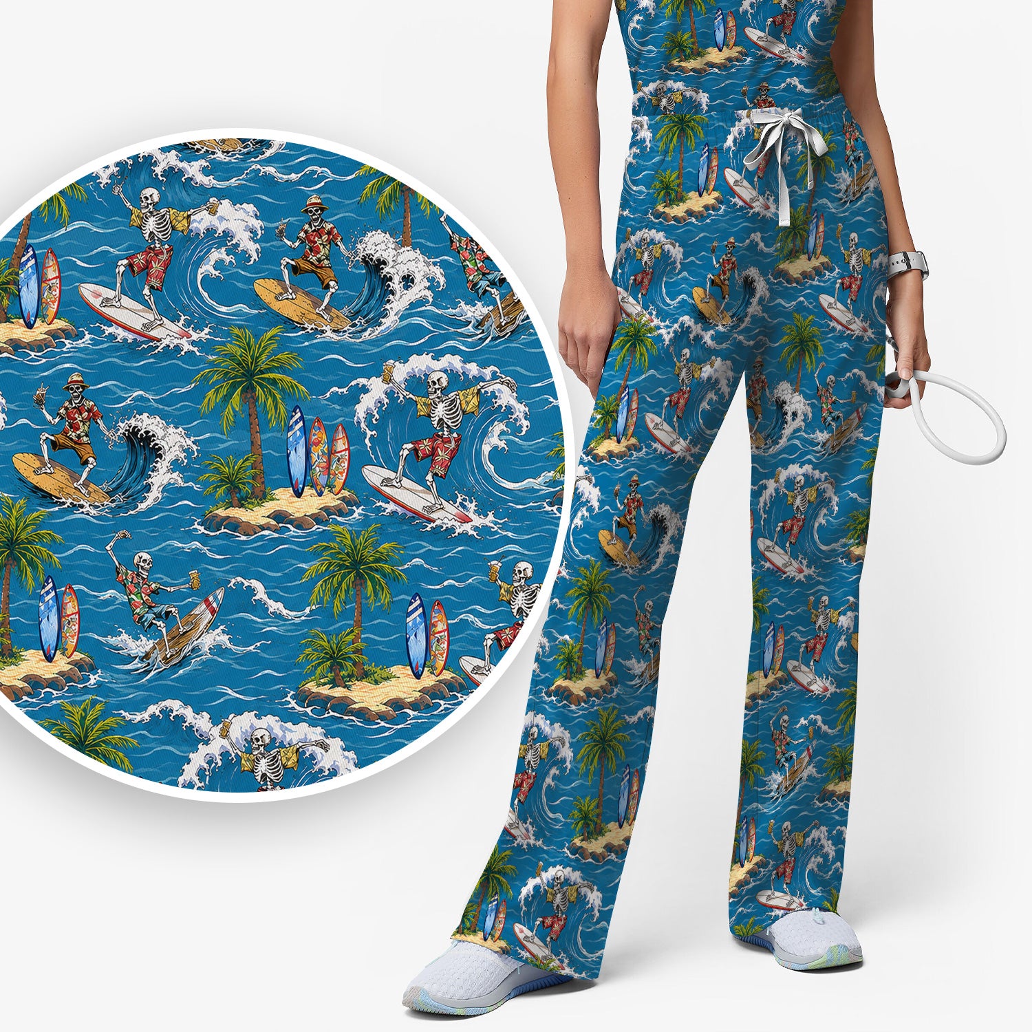 Spooky Tropical Skeleton Surfer Pattern Scrub Set, Scrub Pants and V Neck Top