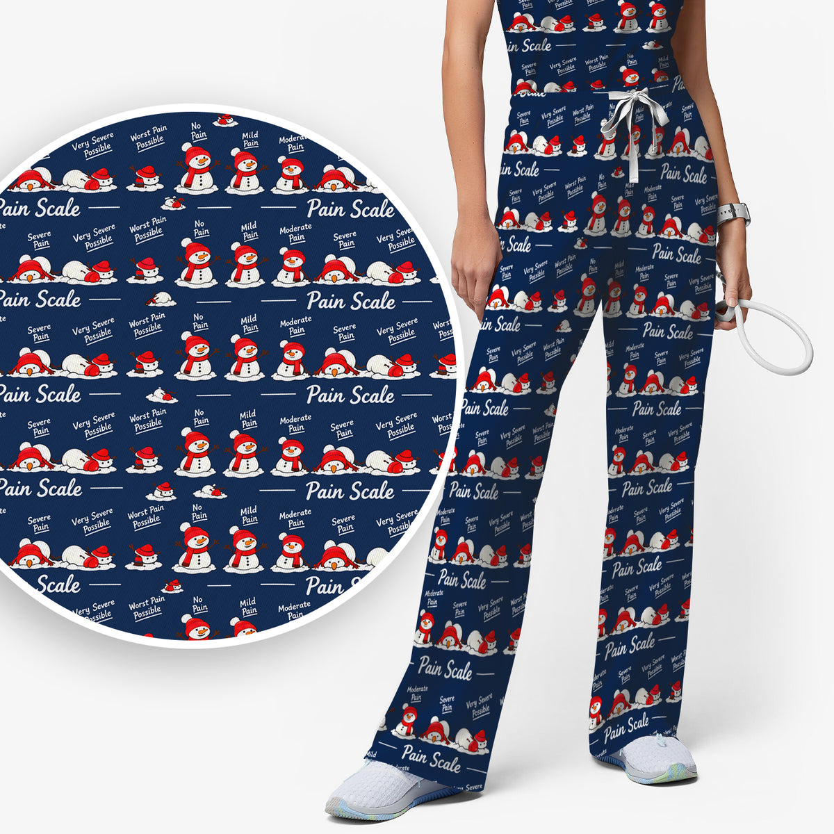 Funny Christmas Snowman Pain Scale Scrub Set, Scrub Pants and V Neck Top