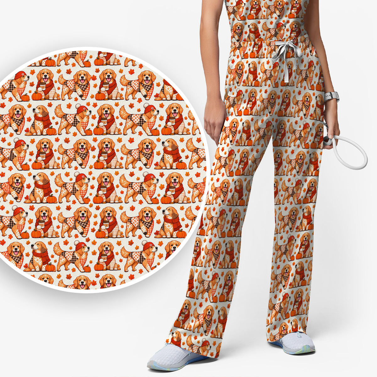 Fall Golden Retriever And Pumpkin Scrub Set, Scrub Pants and V Neck Top