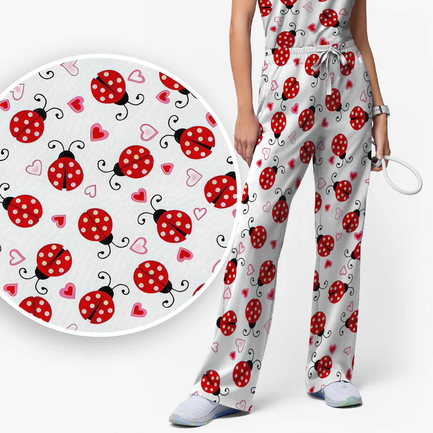 Cute Ladybug Heart Love Pattern Scrub Set, Scrub Pants and V Neck Top