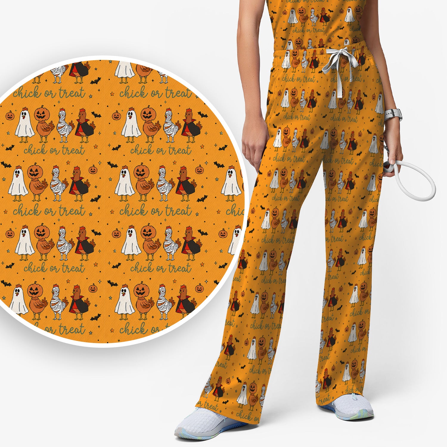 Funny Chick Or Treat Season Scrub Set, Scrub Pants and V Neck Top