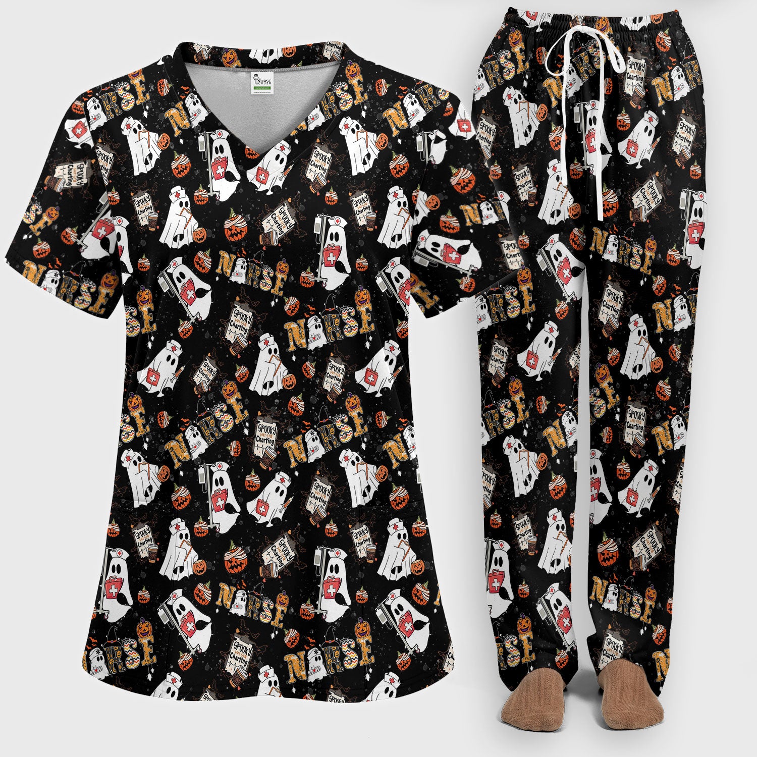Halloween Women's Scrub Sets - Spooky But Still Charting - Funny Scrubs for Nurses - Horror Pumpkin Scrub Pants and V Neck Top