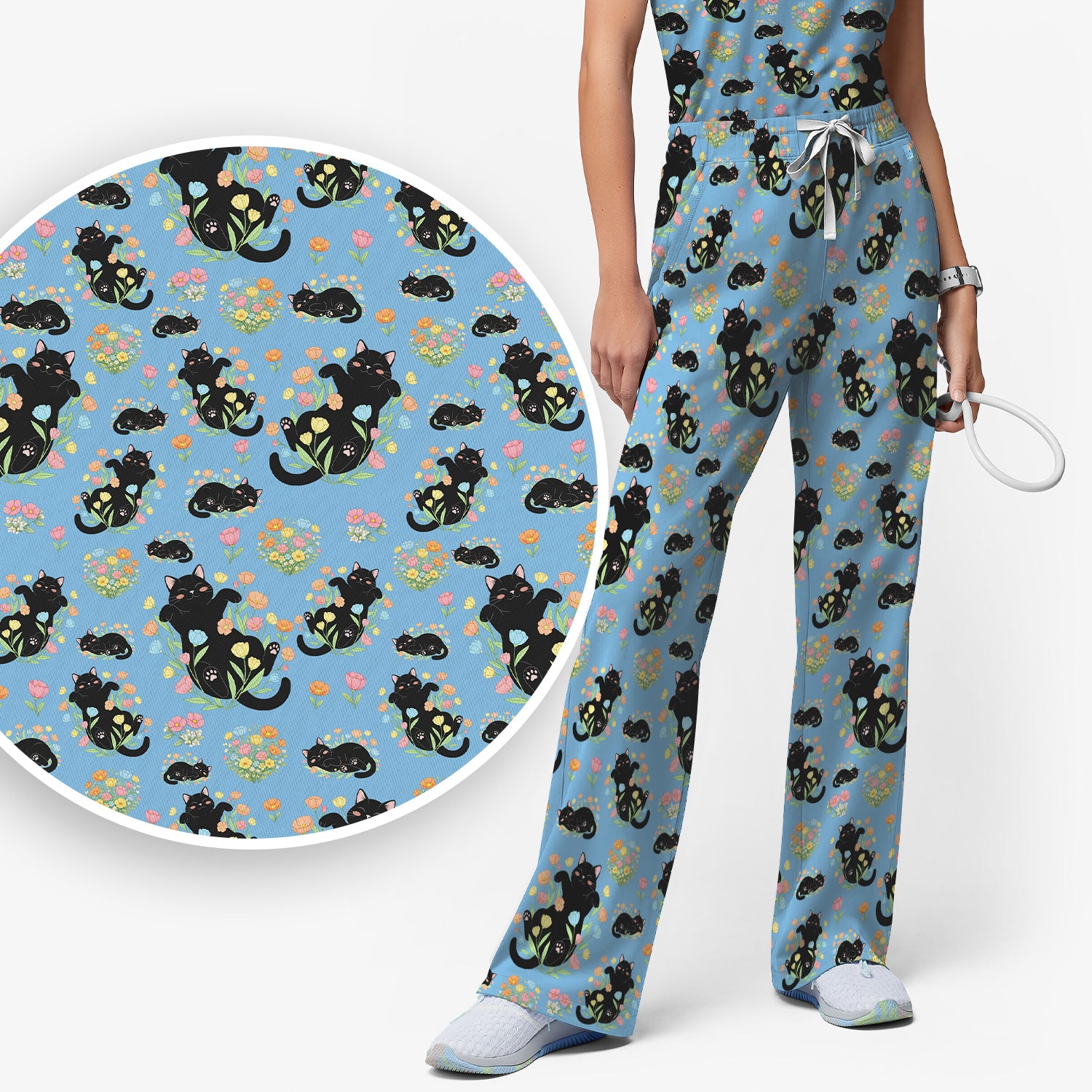Cats With Cute Poses Floral Pattern Scrubs Sets, Scrub Pants and V Neck Top