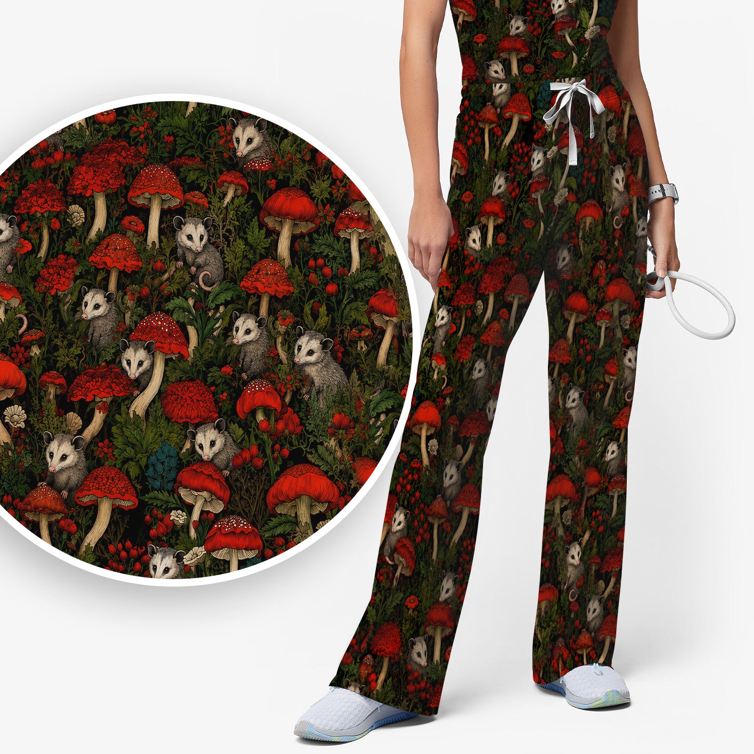 Woodland Opossum Red Mushroom Pattern Scrub Set, Scrub Pants and V Neck Top