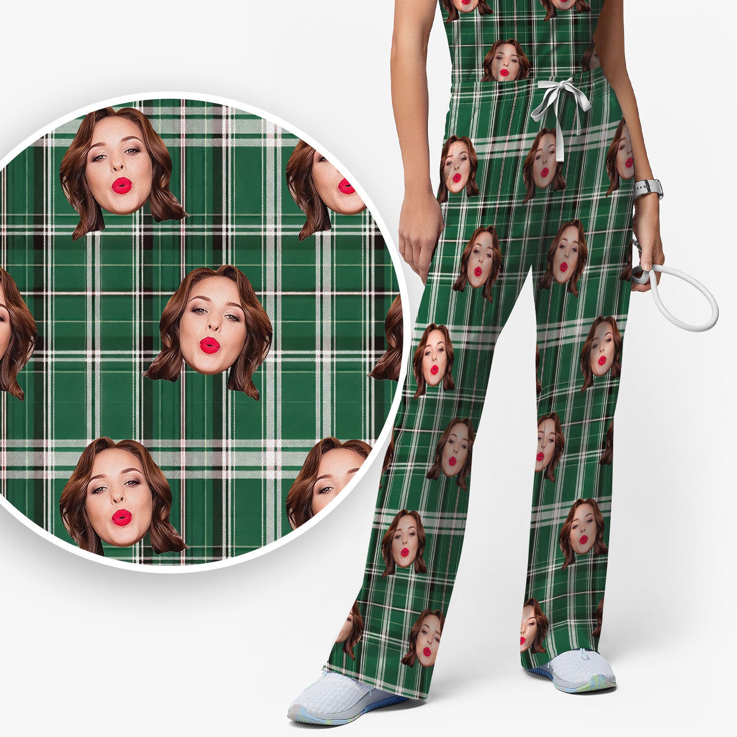 Personalized Funny Face Plaid Scrub Set, Custom Photo Pattern Medical Uniform For Nurses, Breathable Fabrics Nursing Uniform
