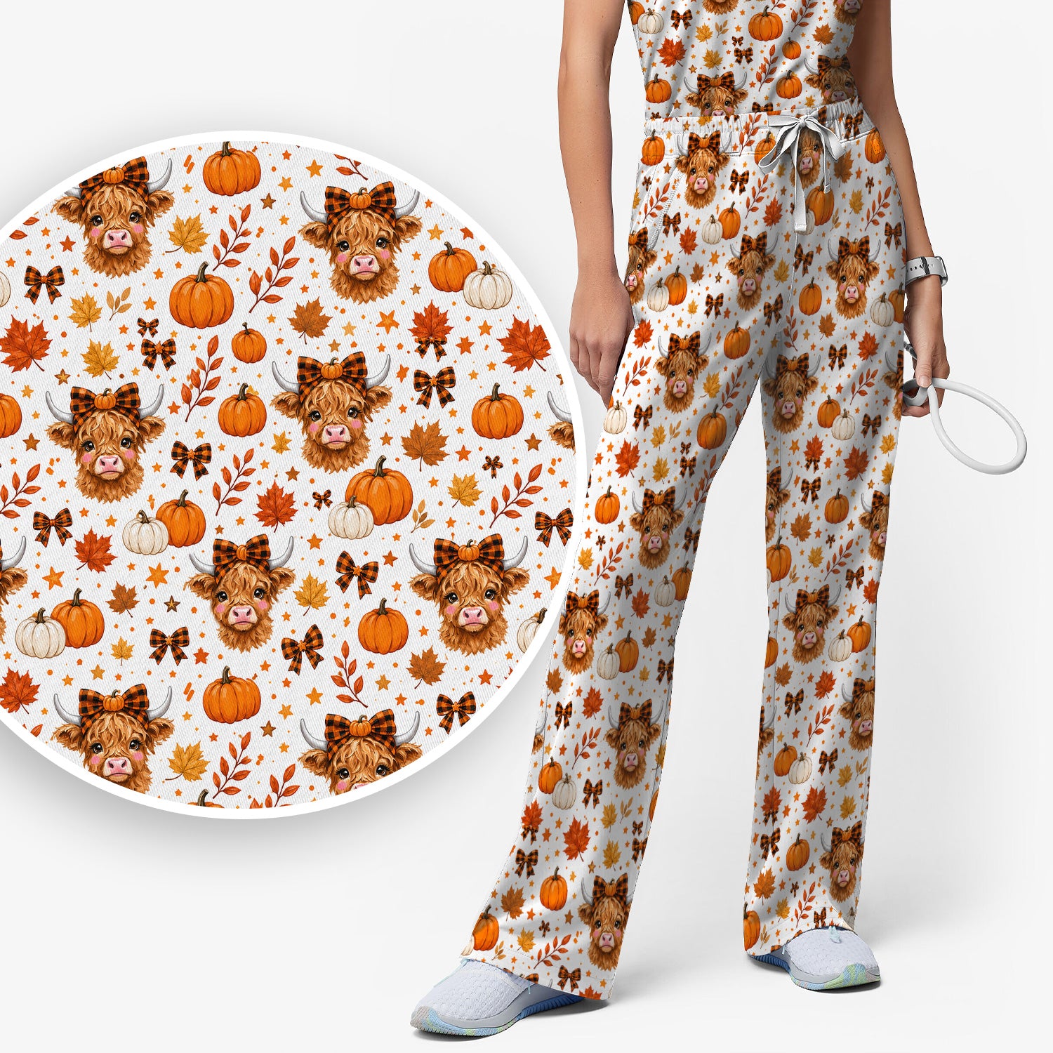 Cute Fall Highland Cow Scrub Set, Scrub Pants and V Neck Top