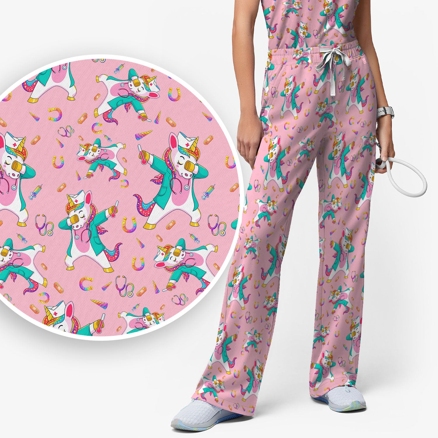 Cute Unicorn Nurse Dance Pattern Women's Sets, Scrub Pants and V Neck Top