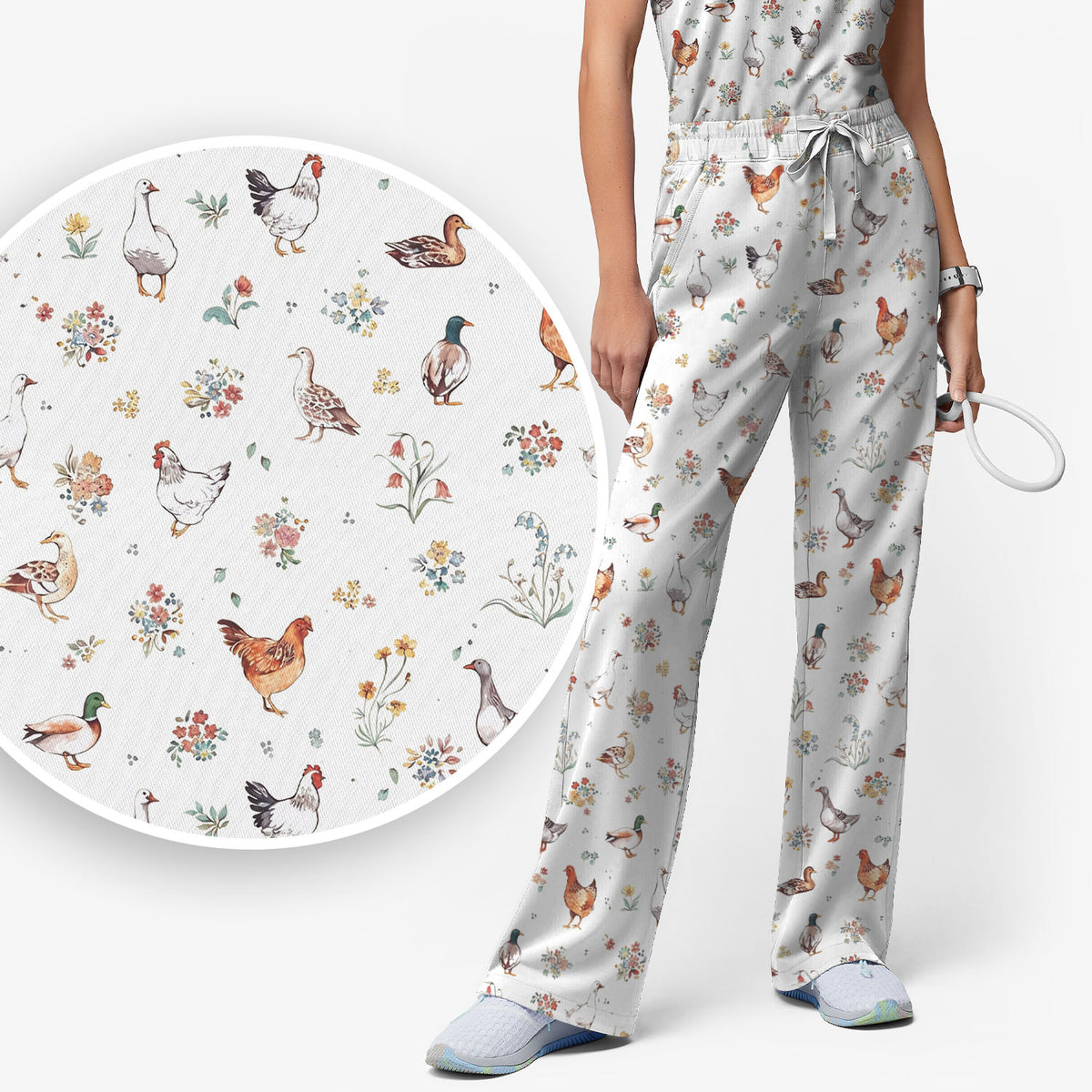 Farm Chicken Duck Floral Pattern Scrubs Sets, Scrub Pants and V Neck Top